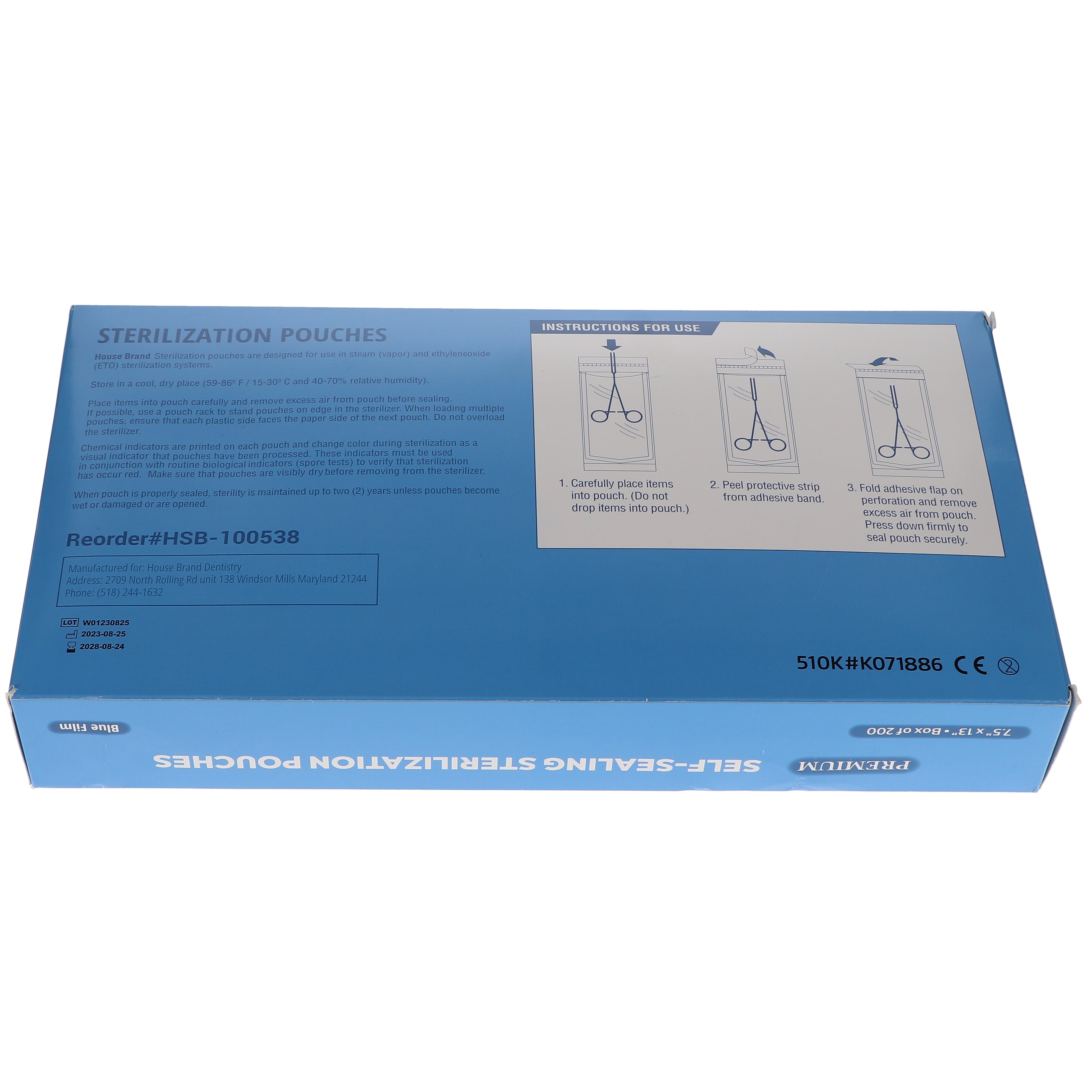 House Brand Dentistry 100538 HSB Self-Sealing Sterilization Pouches 7.5