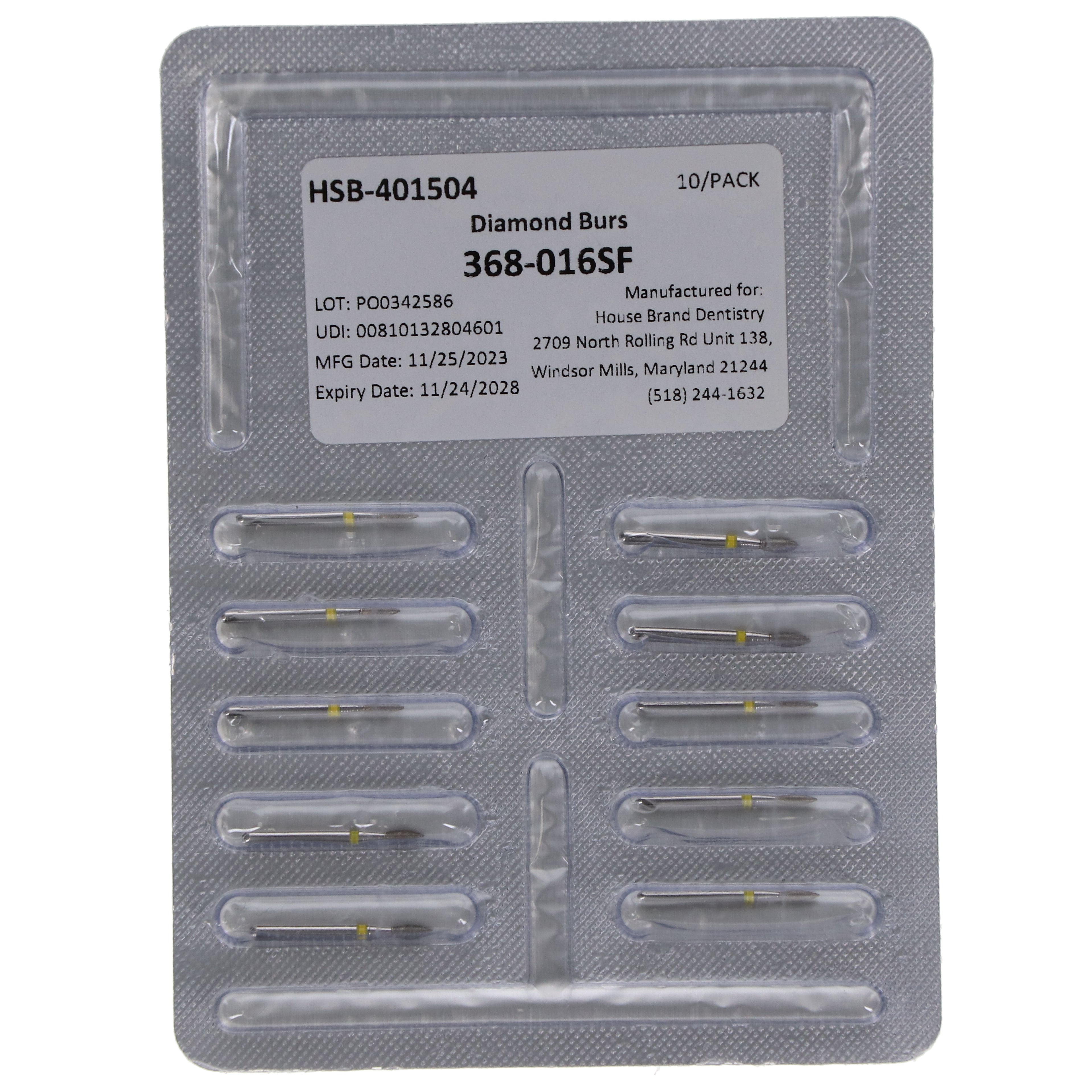 House Brand Dentistry 401504 FG 368-016SF Football Super Fine Grit Diamond Burs 10/Pk