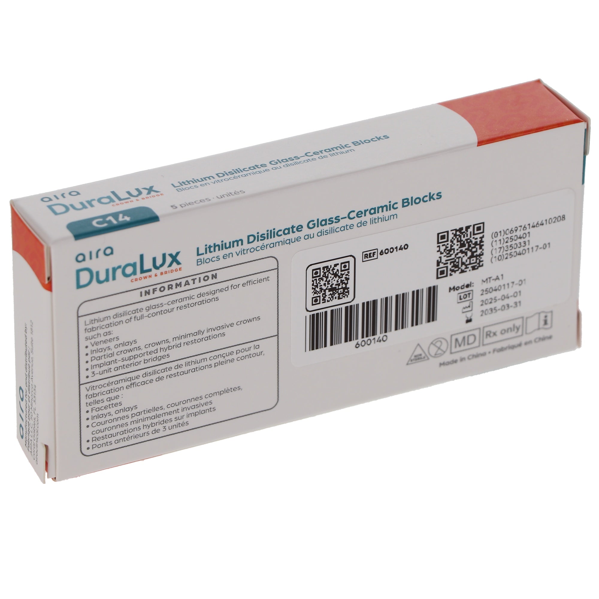 Aira 600140 DuraLux IPS e.max Type Blocks CAD inLab MT A1 C14 5/Pk