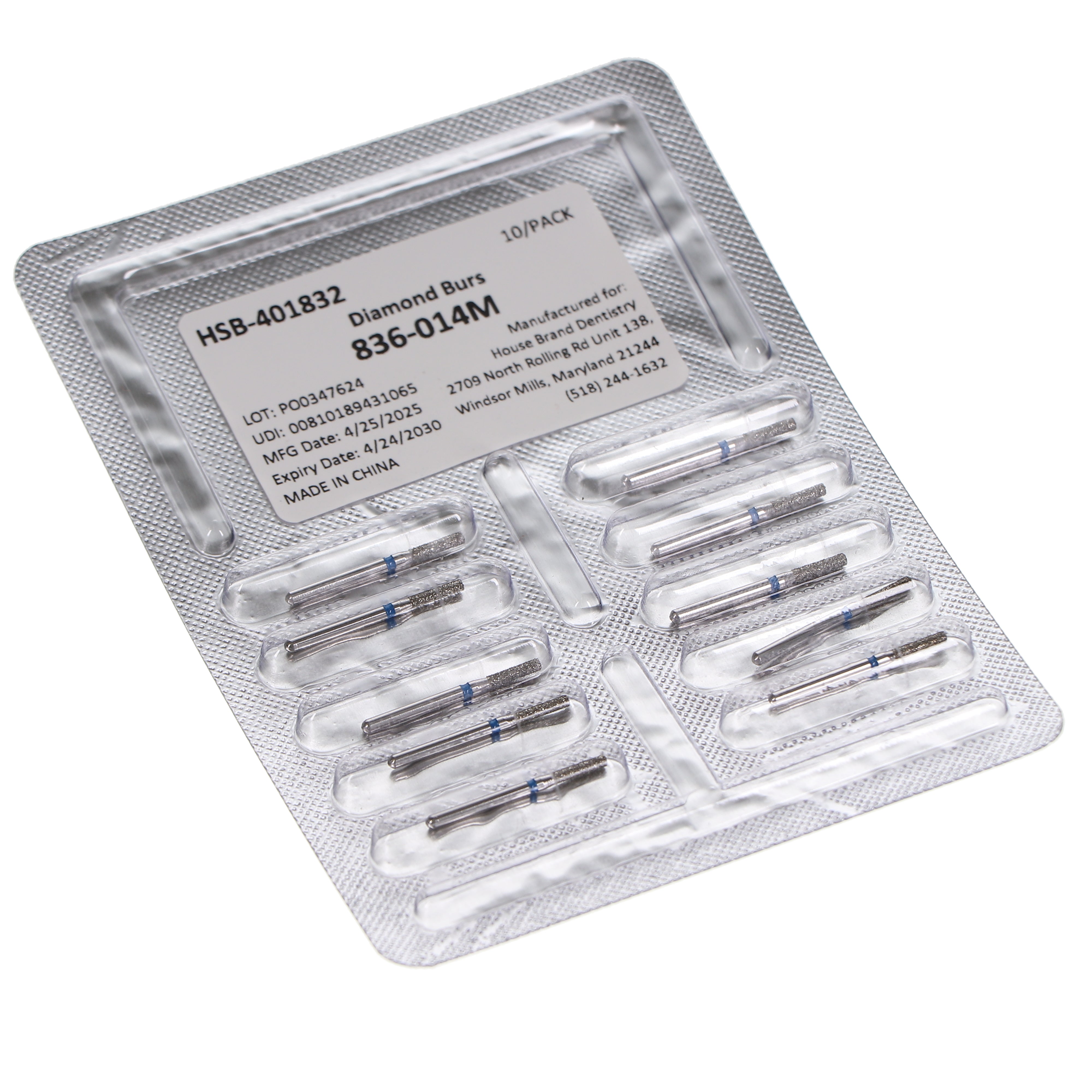 House Brand Dentistry 401832 HSB FG 836-014M Flat End Cylinder Medium Grit Diamond Burs 10/Pk