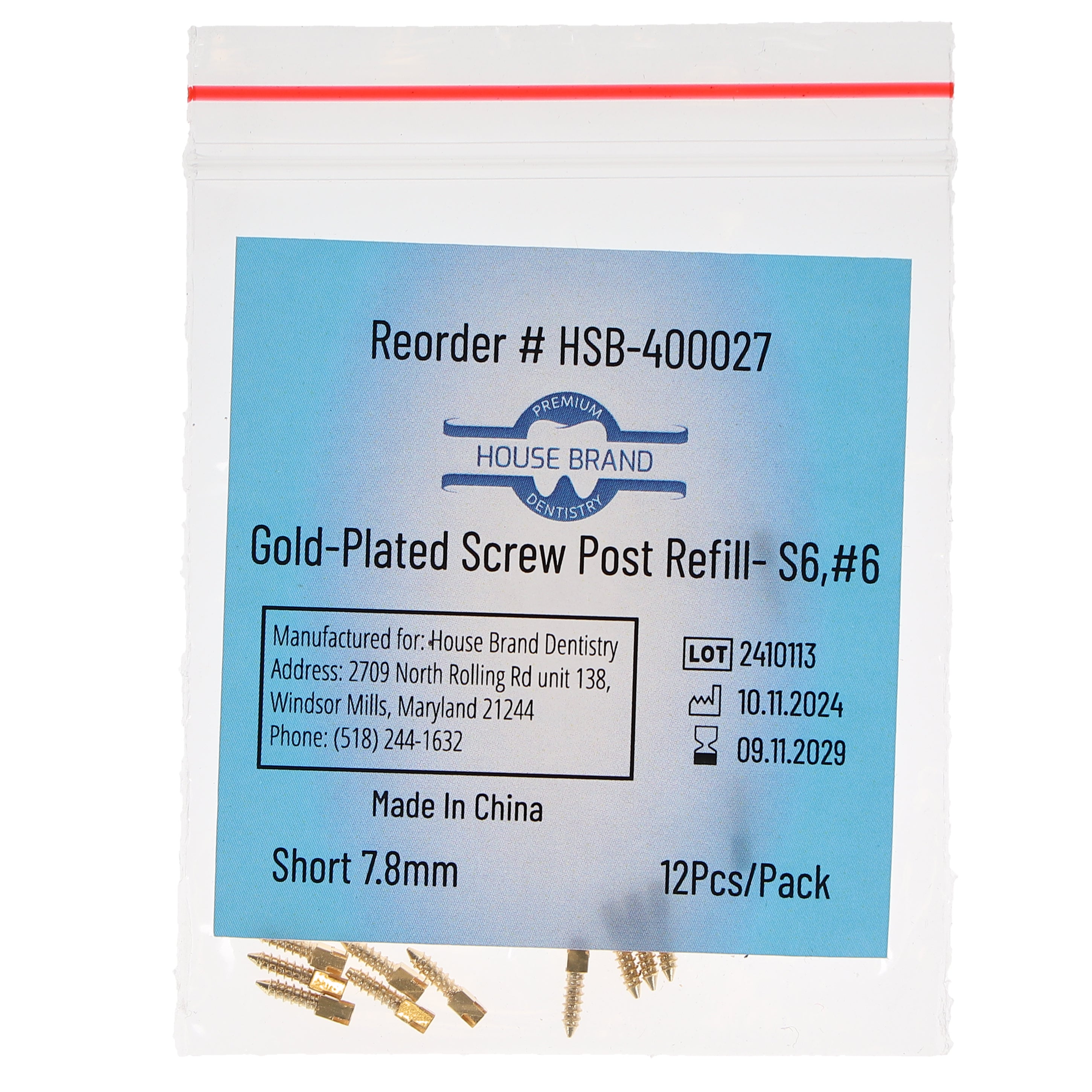 House Brand Dentistry 400027 HSB Gold Plated Screw Posts S6 #6 Short 7.8mm 12/Pk