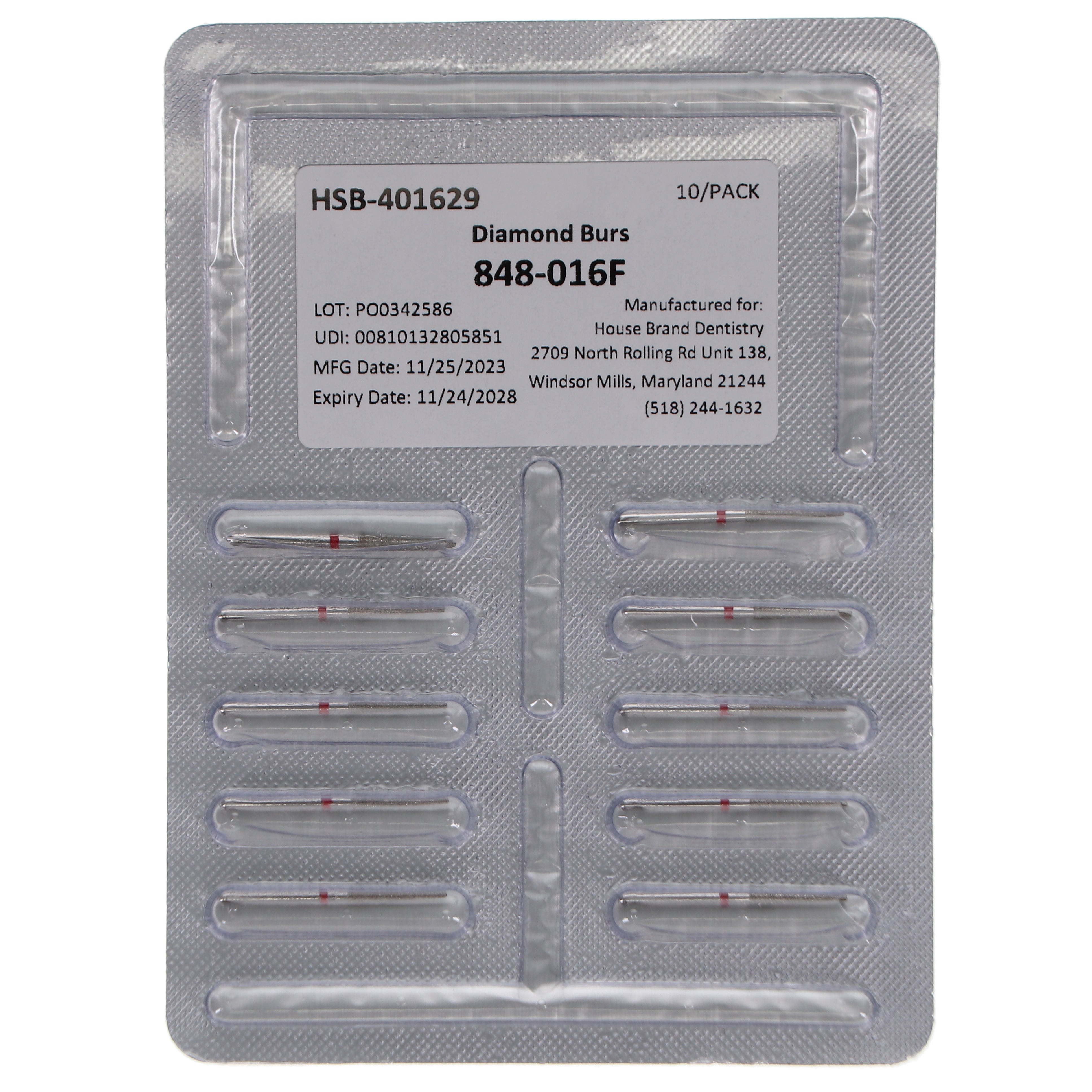 House Brand Dentistry 401629 HSB FG 848-016F Flat End Taper Fine Grit Diamond Burs 10/Pk