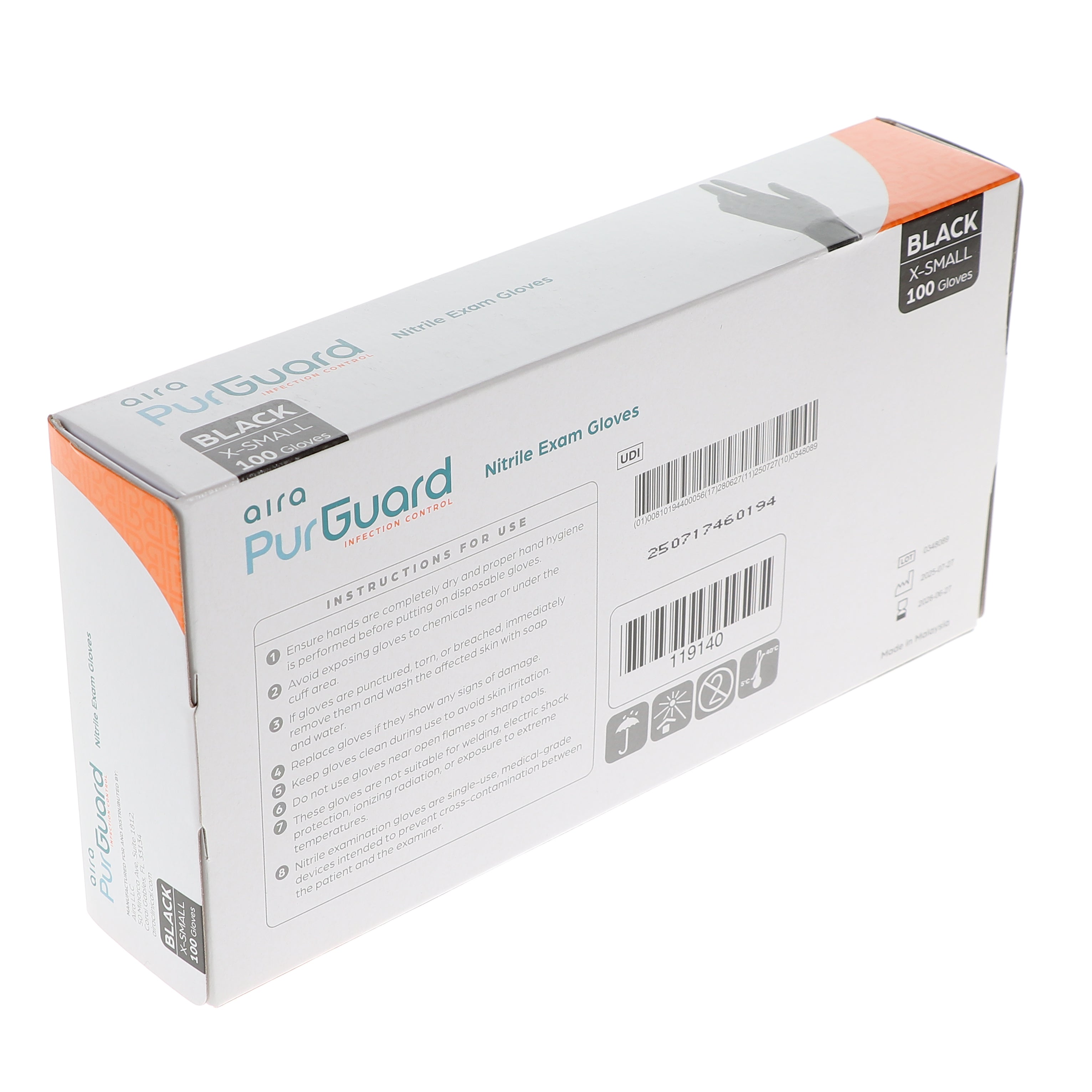 AIRA 119140 PurGuard Nitrile Exam Gloves Latex Free Powder Free Black X-Small 100/Bx