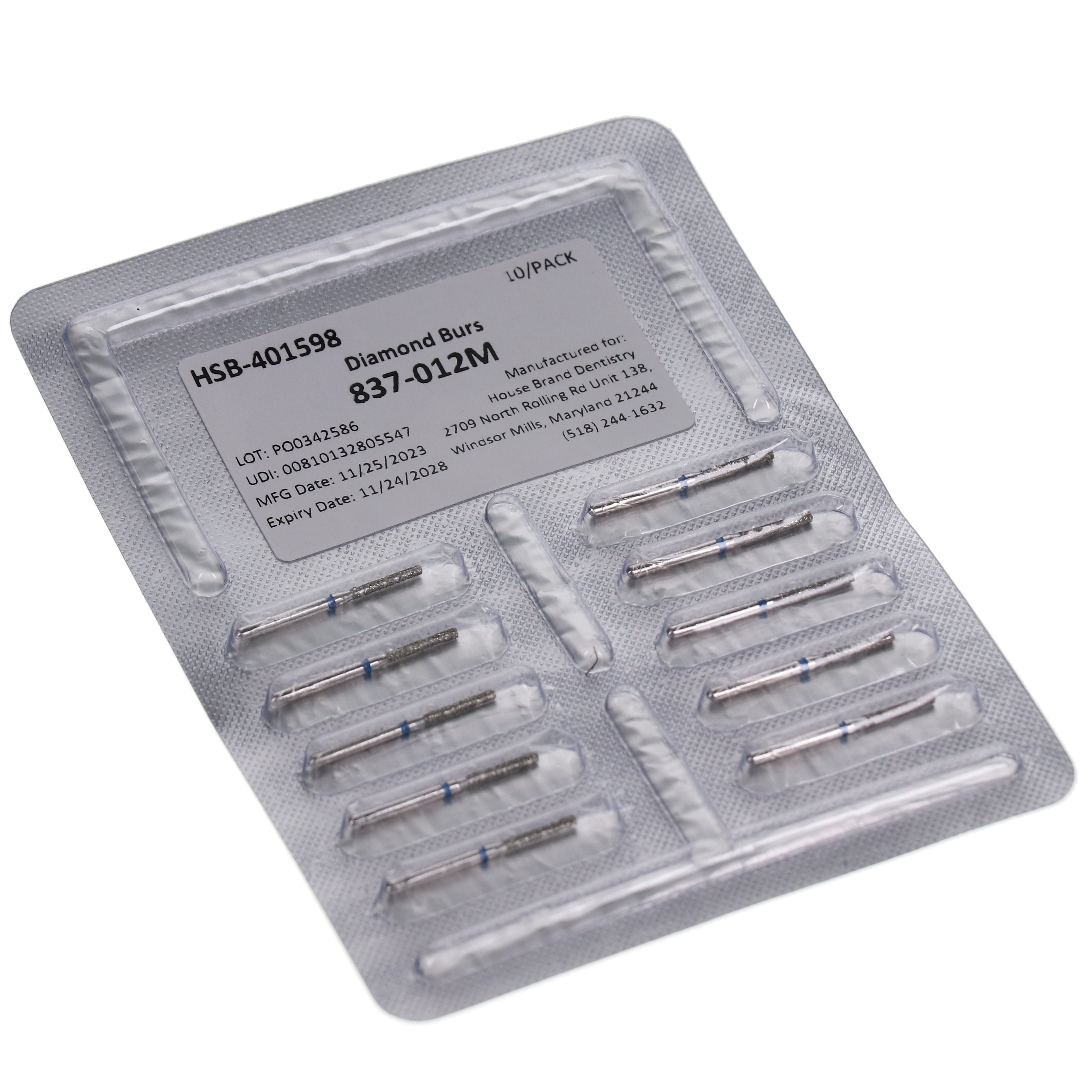 House Brand Dentistry 401598 FG 837-012M Flat End Cylinder Medium Grit Diamond Burs 10/Pk