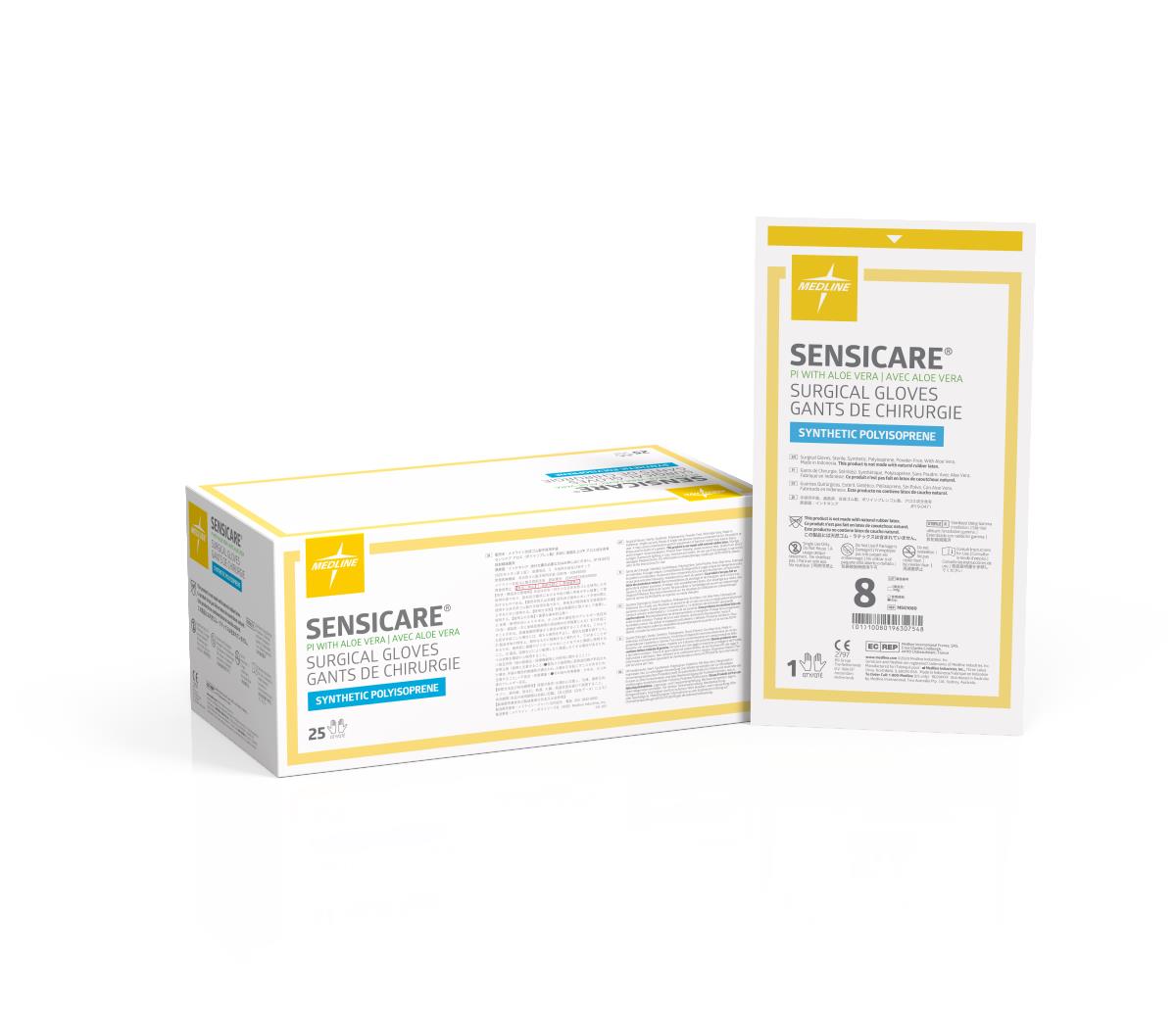 Medline MSG1080Z Sensicare With Aloe Synthetic Polyisoprene Surgical Gloves Sterile Size #8 25 Pairs Per Box