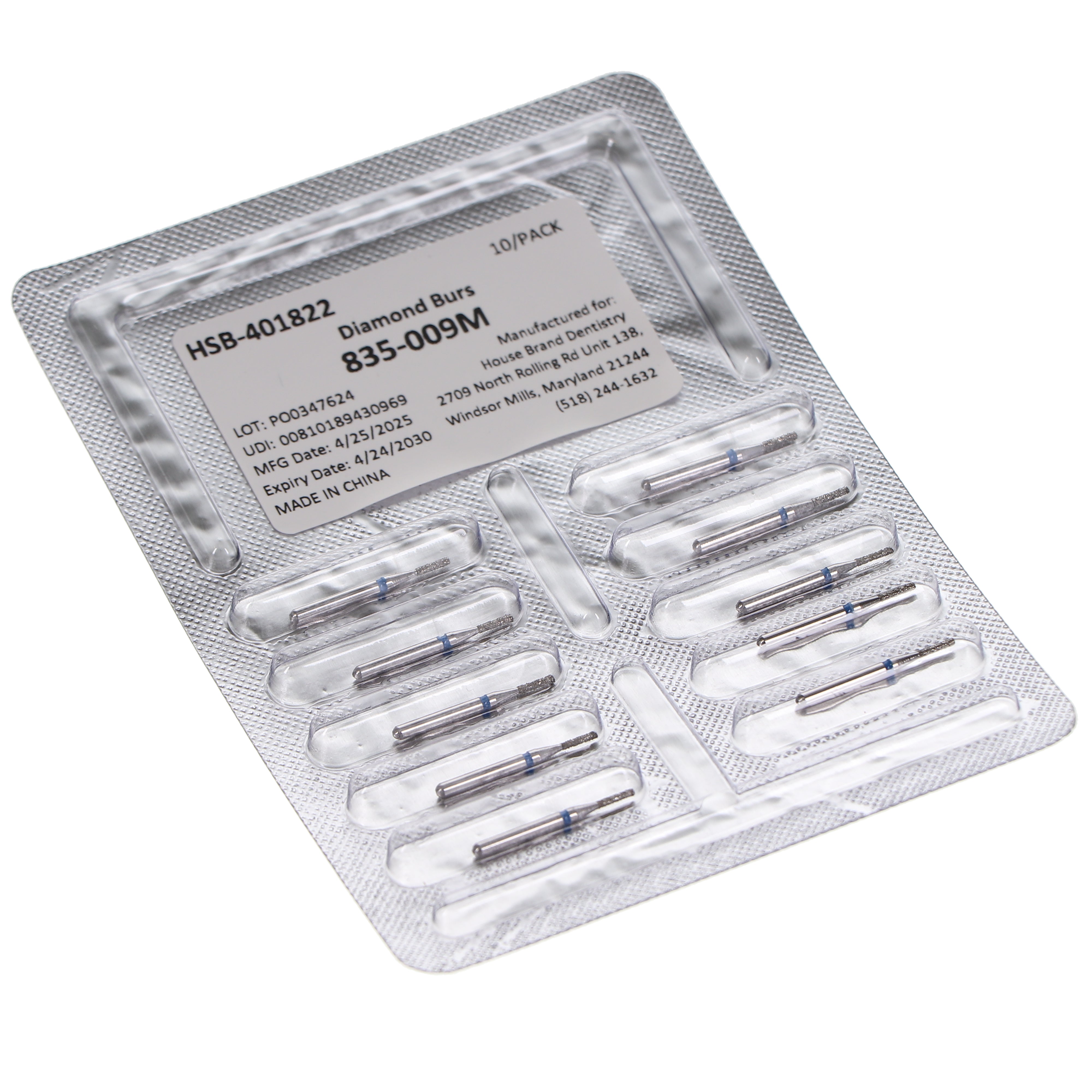 House Brand Dentistry 401822 HSB FG 835-009M Flat End Cylinder Medium Grit Diamond Burs 10/Pk