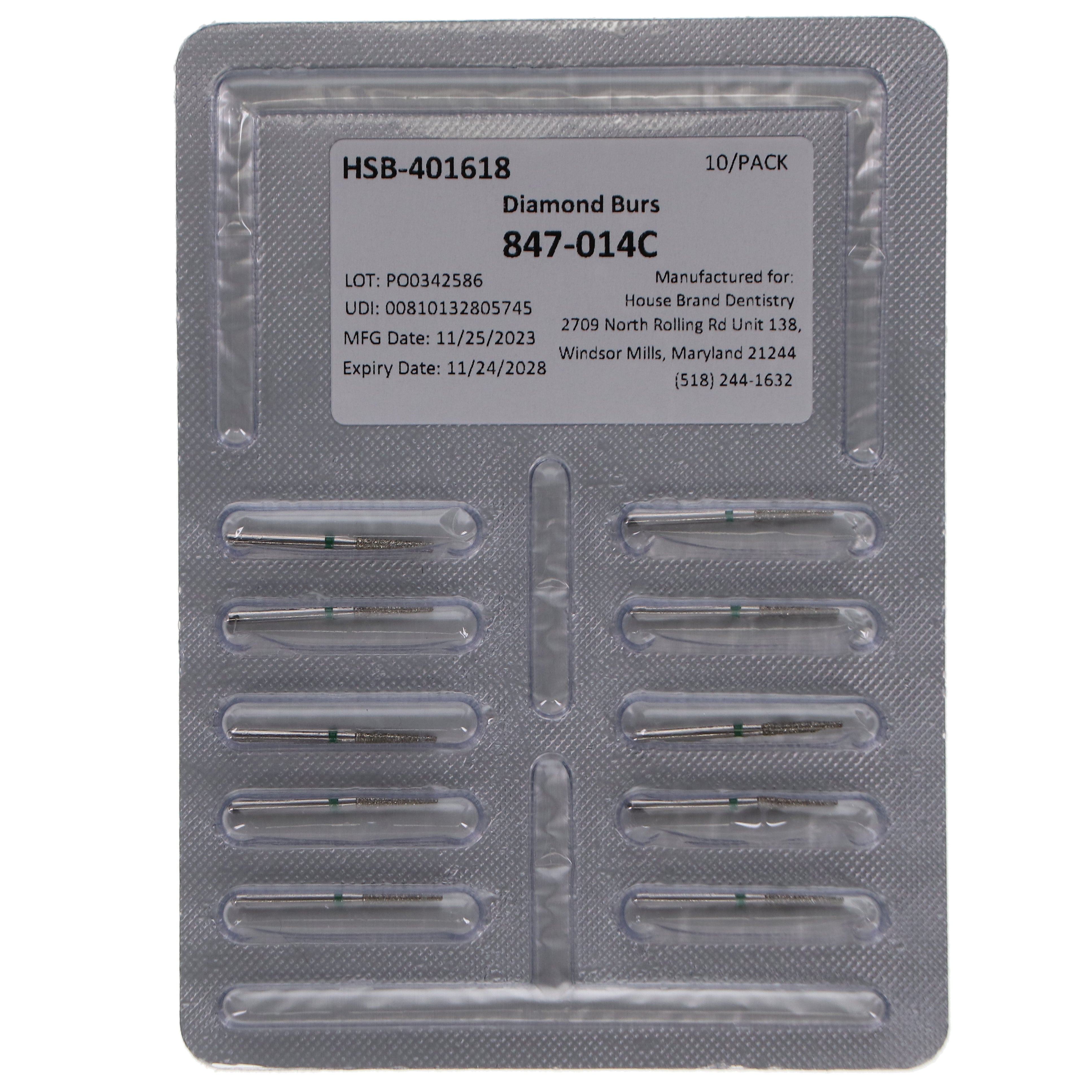 House Brand Dentistry 401618 HSB FG 847-014C Flat End Taper Coarse Grit Diamond Burs 10/Pk