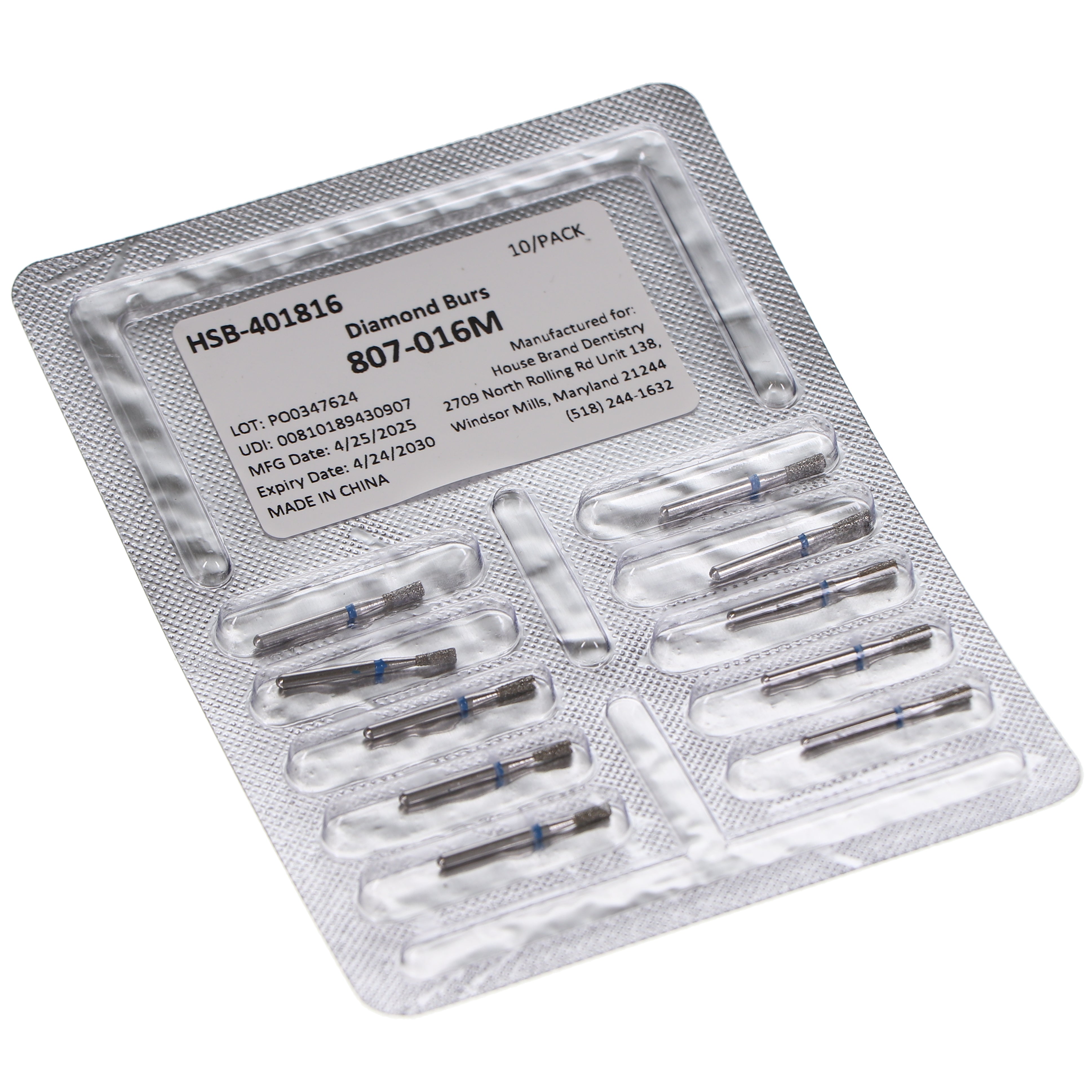 House Brand Dentistry 401816 HSB FG 807-016M Inverted Cone Medium Grit Diamond Burs 10/Pk