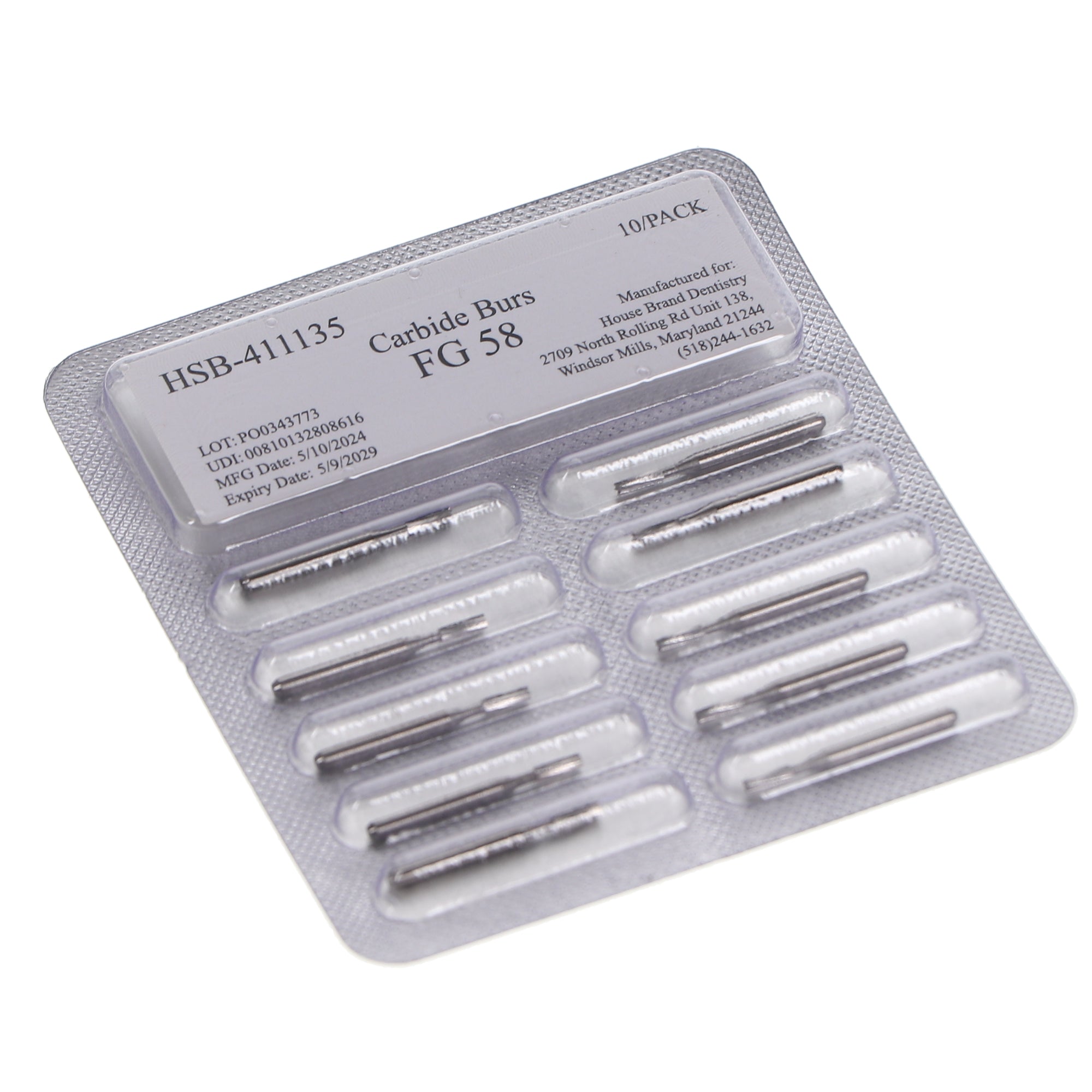House Brand Dentistry 411135 HSB FG #58 Straight Fissure Plain Carbide Burs 10/Pk