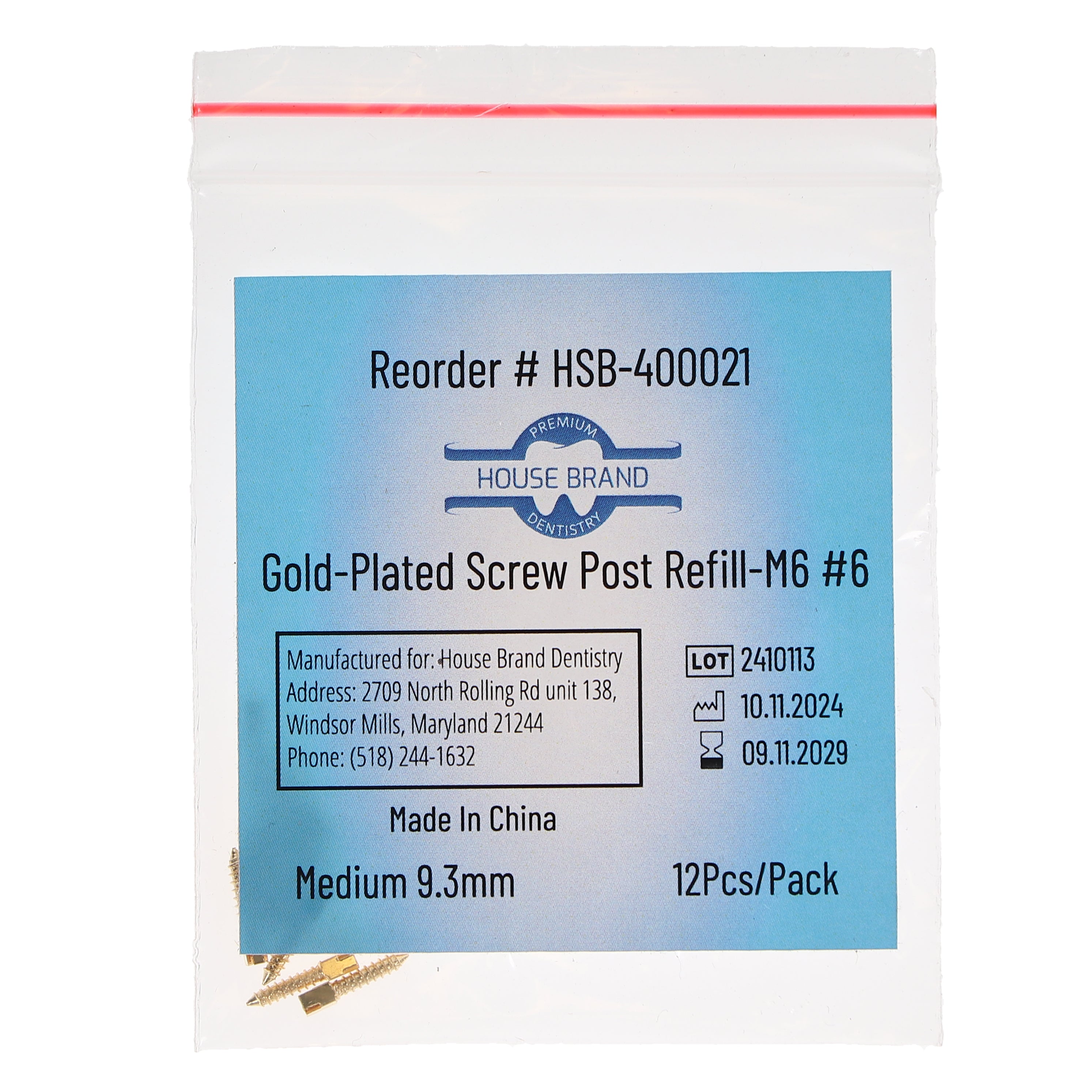House Brand Dentistry 400021 HSB Gold Plated Screw Posts M6 #6 Medium 9.3mm 12/Pk