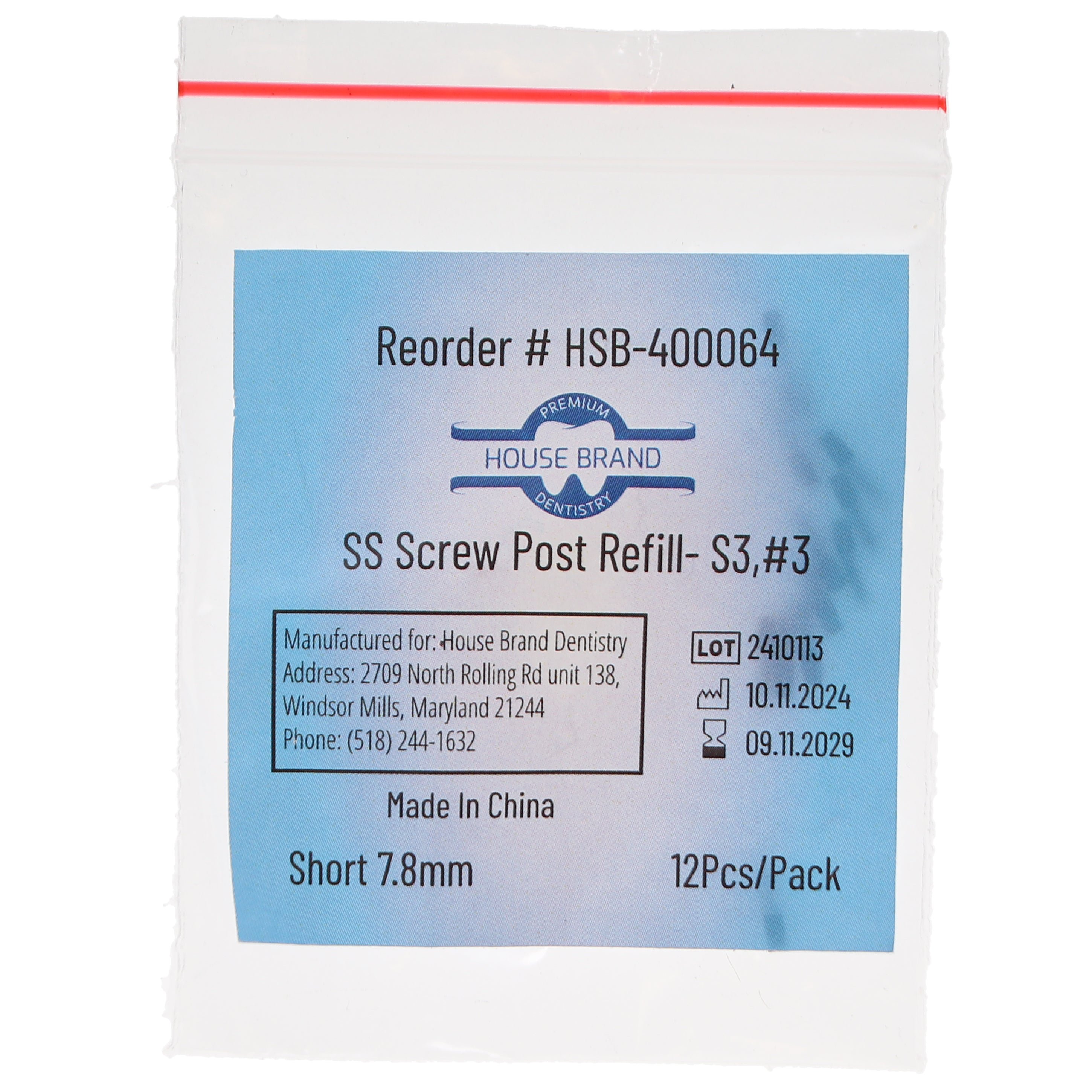 House Brand Dentistry 400064 HSB Screw Posts S3 #3 Short 7.8mm Stainless Steel 12/Pk