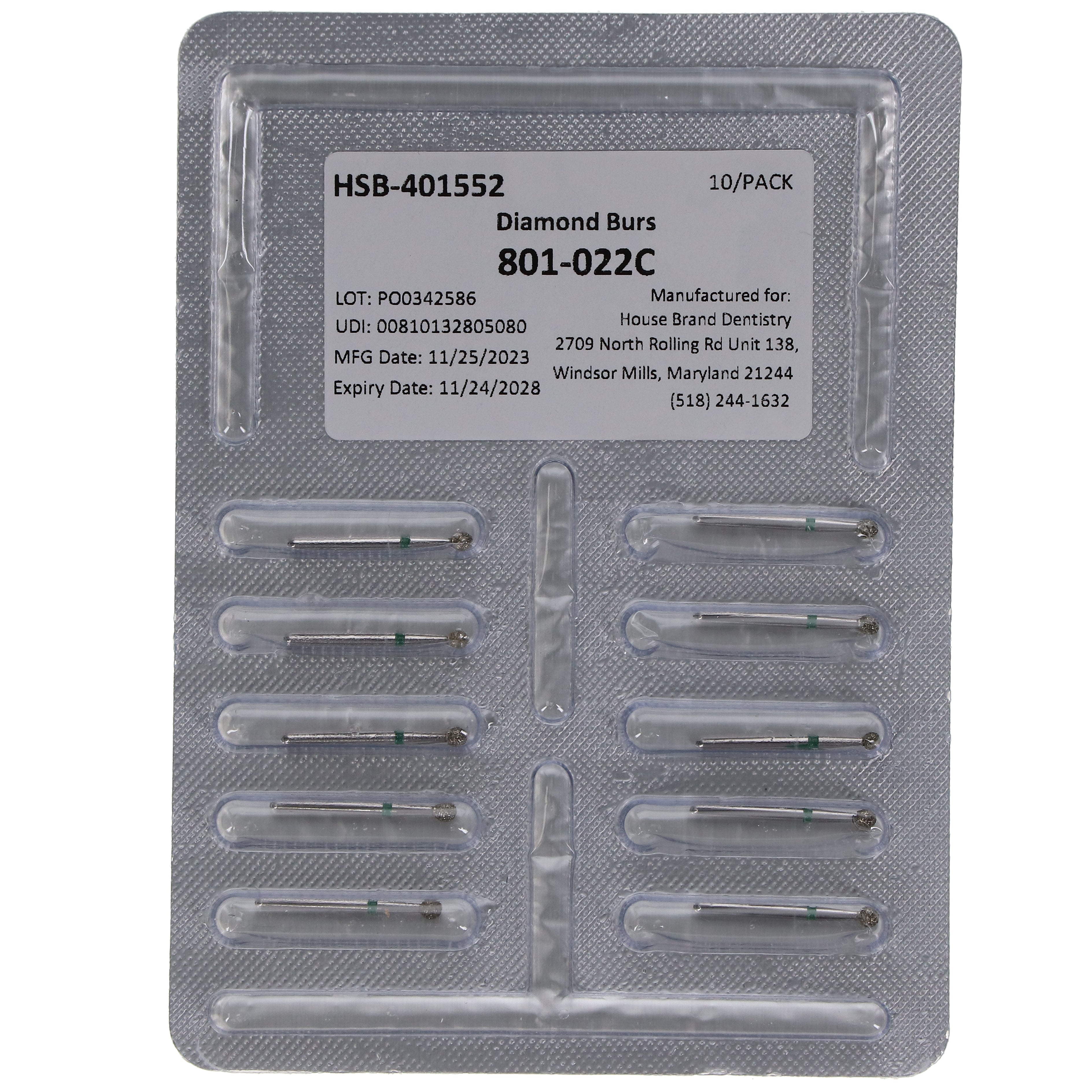 House Brand Dentistry 401552 FG 801-022C Round Coarse Grit Diamond Burs 10/Pk