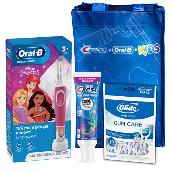 Proctor & Gamble 80737841 Oral-B Electric Toothbrush & Brush Head Disney Princess Moana Crest Kid's Advanced Color Changing Toothpaste, Bubble Gum (4.2 oz); Oral-B Glide Gum Care Floss Picks (30 ct) Bundle 3/Cs