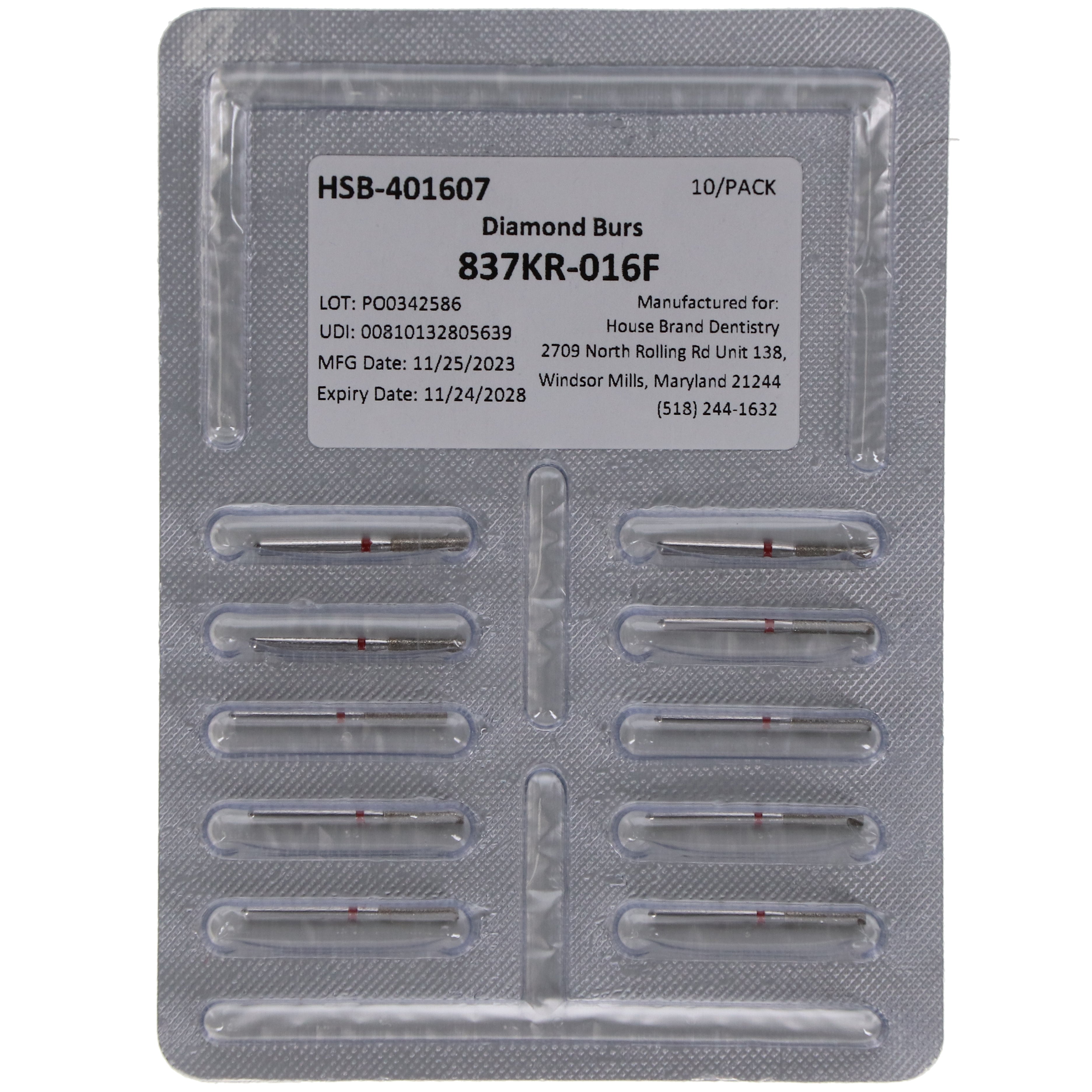 House Brand Dentistry 401607 HSB FG 837KR-016F Modified Cylinder Fine Grit Diamond Burs 10/Pk