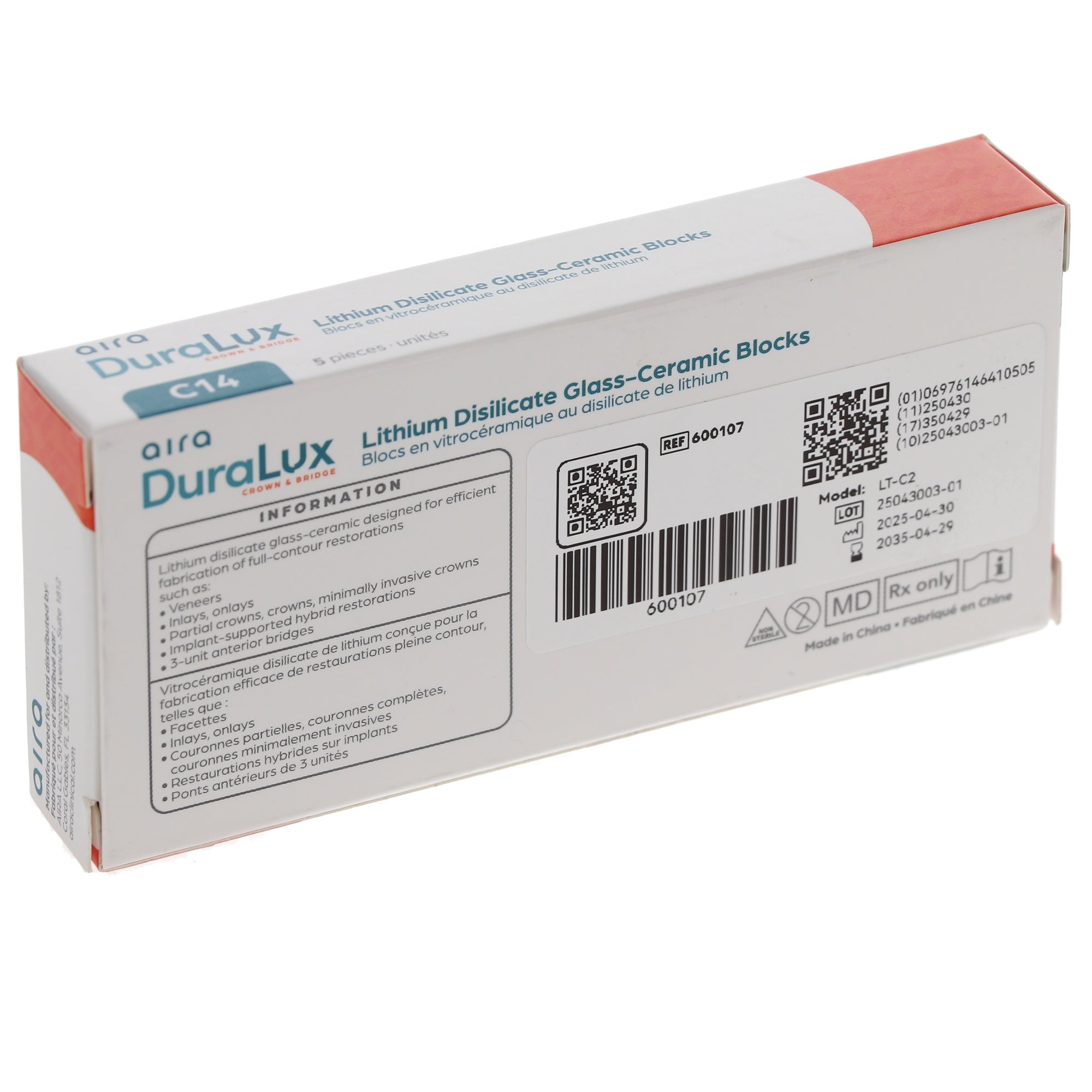 Aira 600107 DuraLux IPS e.max Type Blocks CAD inLab LT C2 C14 5/Pk