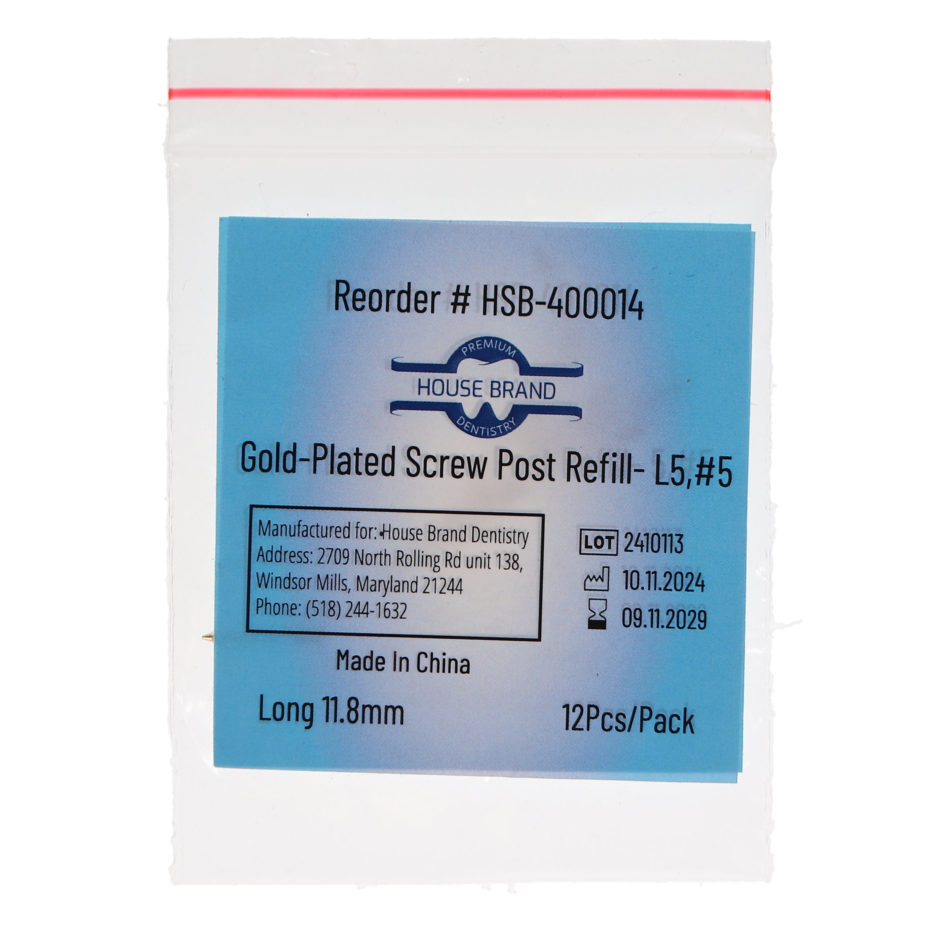 House Brand Dentistry 400014 HSB Gold Plated Screw Posts L5 #5 Long 11.8mm 12/Pk