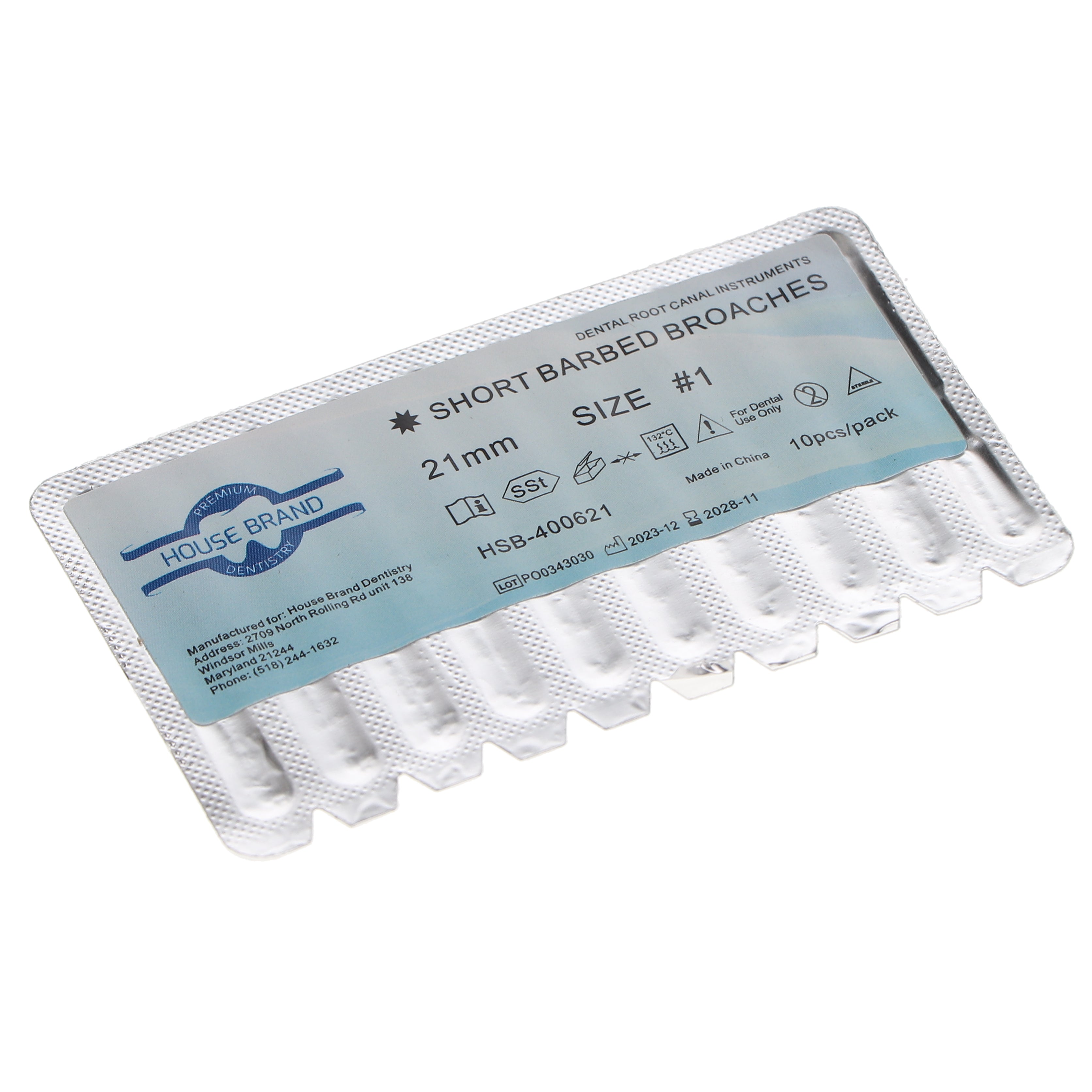 House Brand Dentistry 400621 HSB Barbed Broaches #1 XXX-Fine 21mm Sterile White 10/Pk