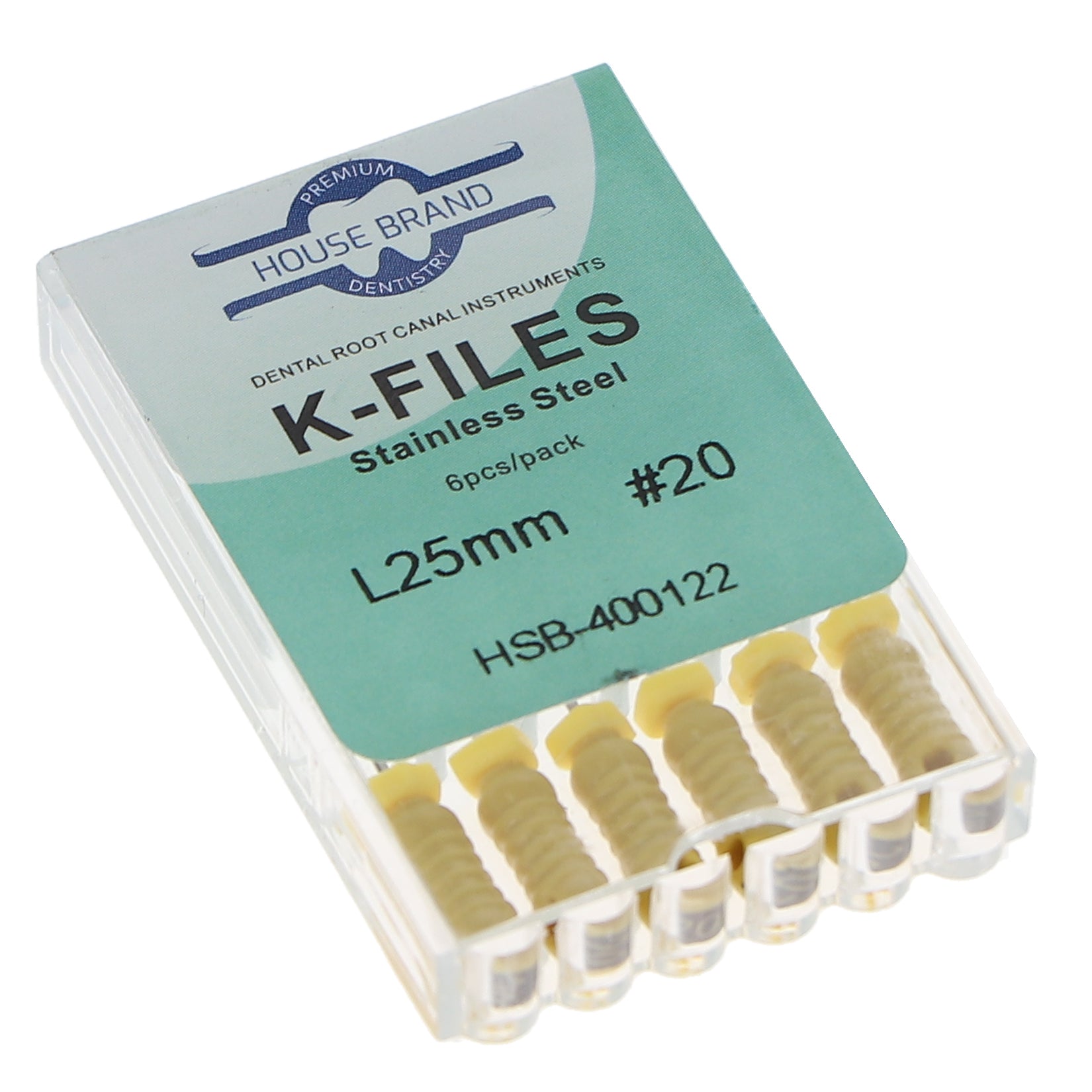 House Brand Dentistry 400122 HSB Endodontic K-Files 25mm #20 Yellow Stainless Steel 6/Pk