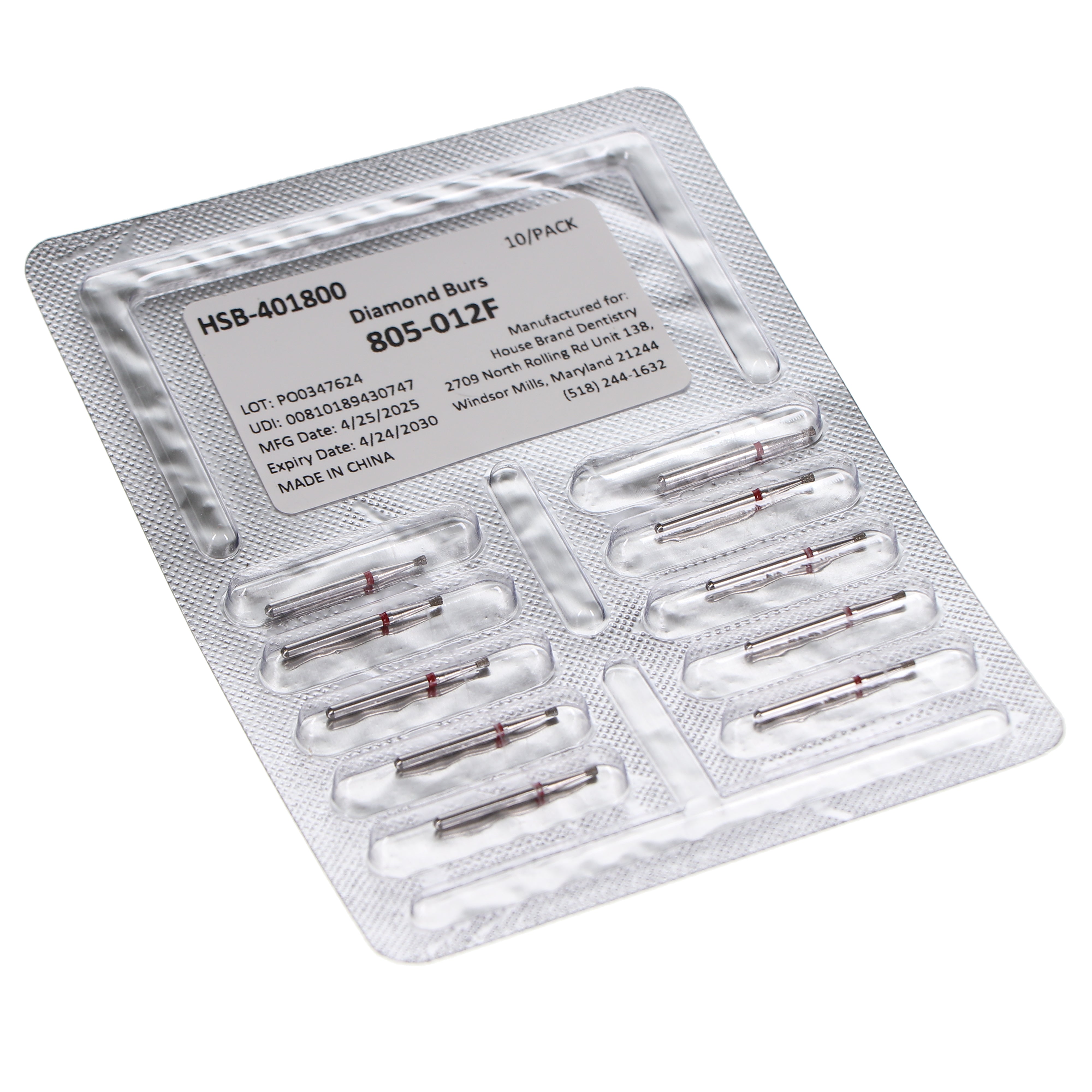 House Brand Dentistry 401800 HSB FG 805-012F Inverted Cone Fine Grit Diamond Burs 10/Pk