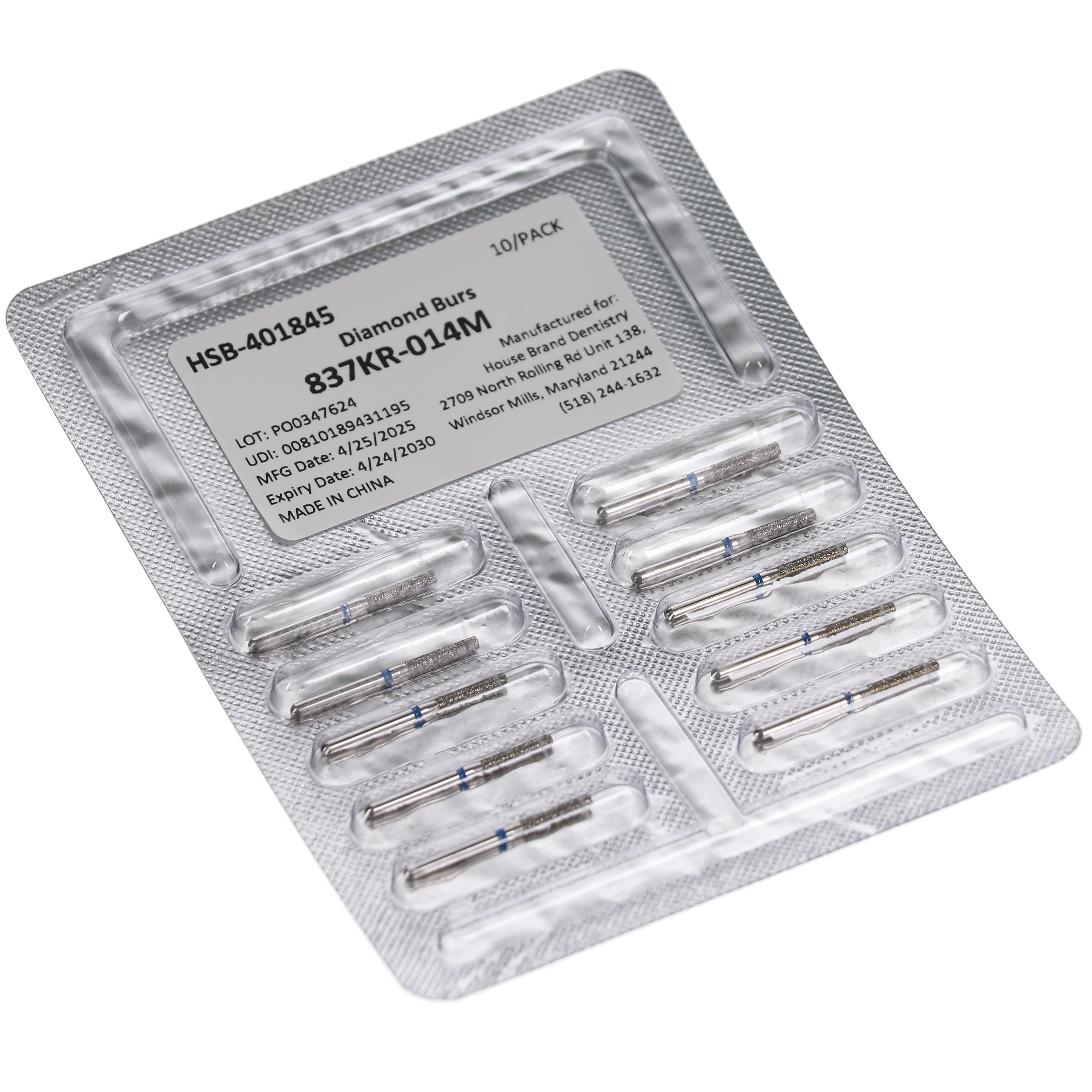 House Brand Dentistry 401845 HSB FG 837KR-014M Modified Cylinder Medium Grit Diamond Burs 10/Pk
