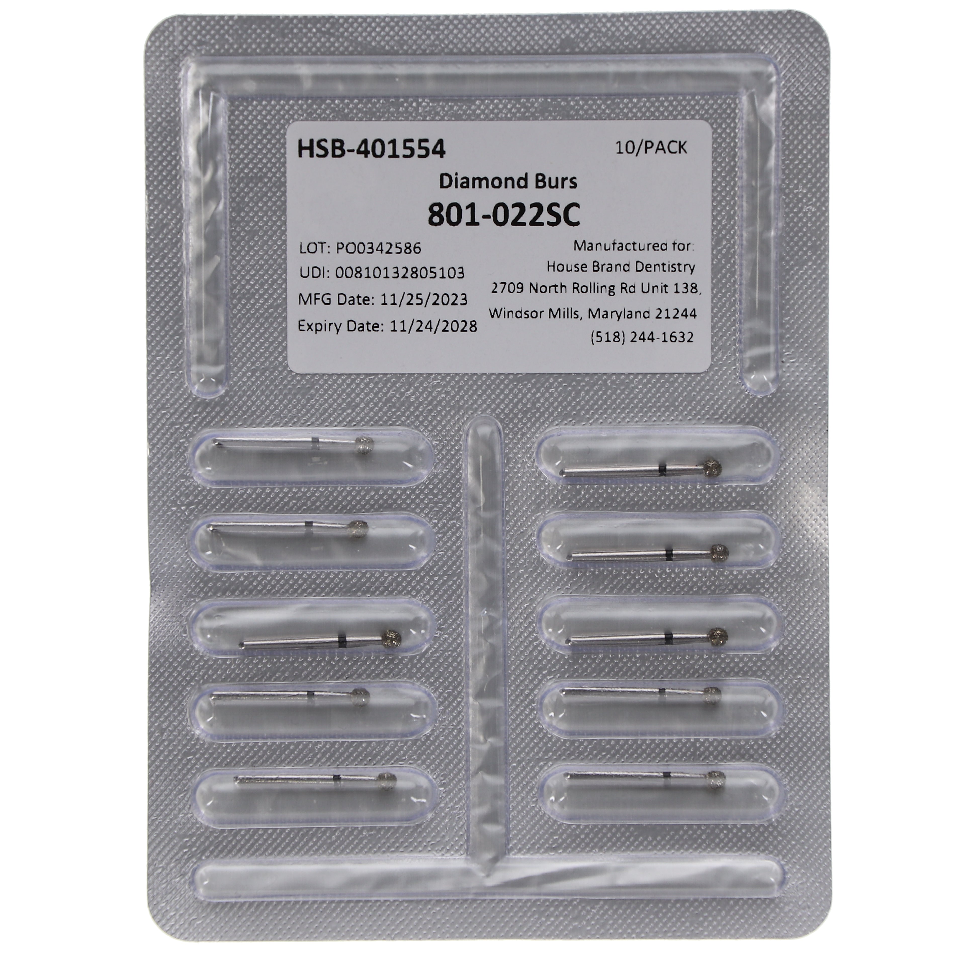 House Brand Dentistry 401554 HSB FG 801-022SC Round Super Coarse Grit Diamond Burs 10/Pk