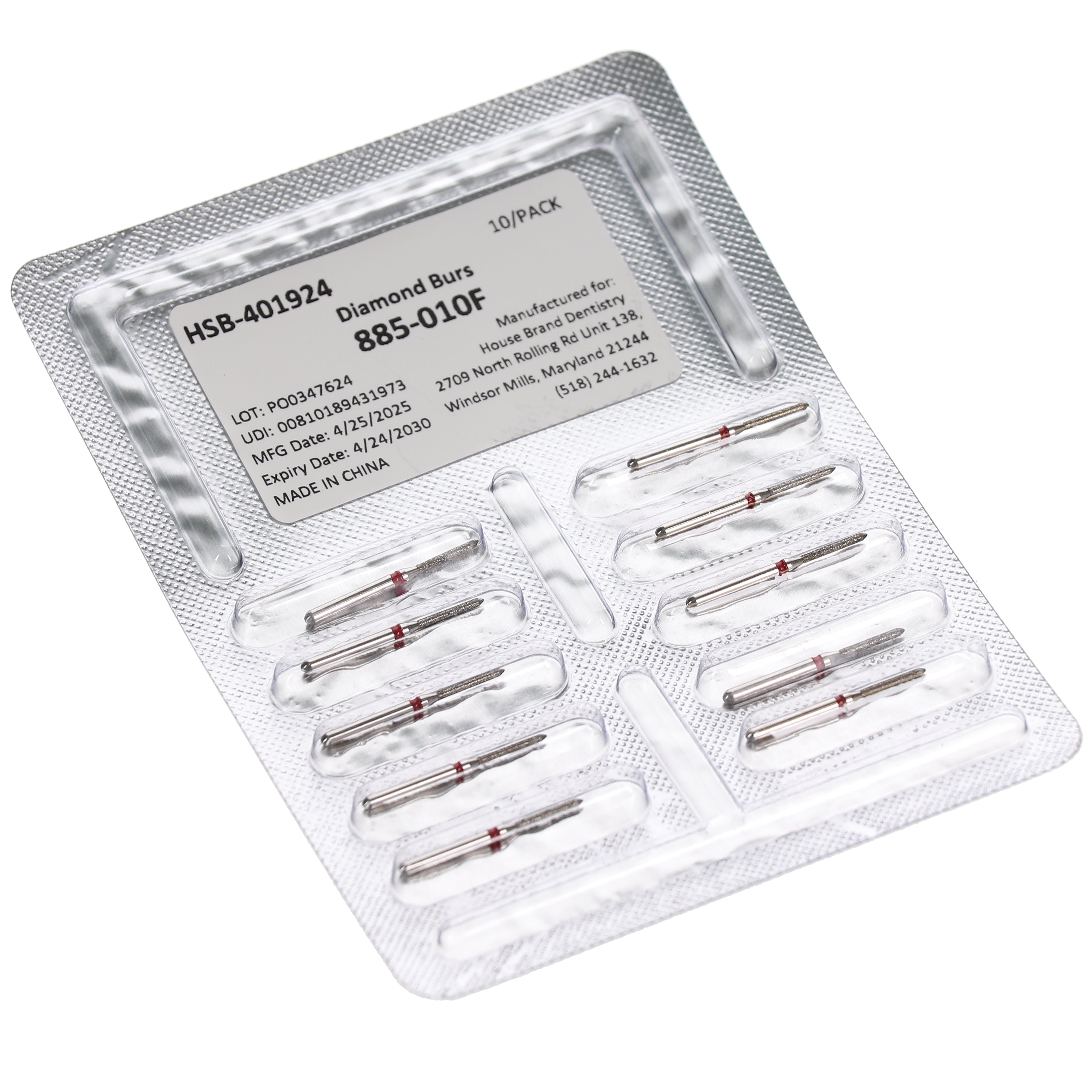 House Brand Dentistry 401924 HSB FG 885-010F Beveled Cylinder Fine Grit Diamond Burs 10/Pk