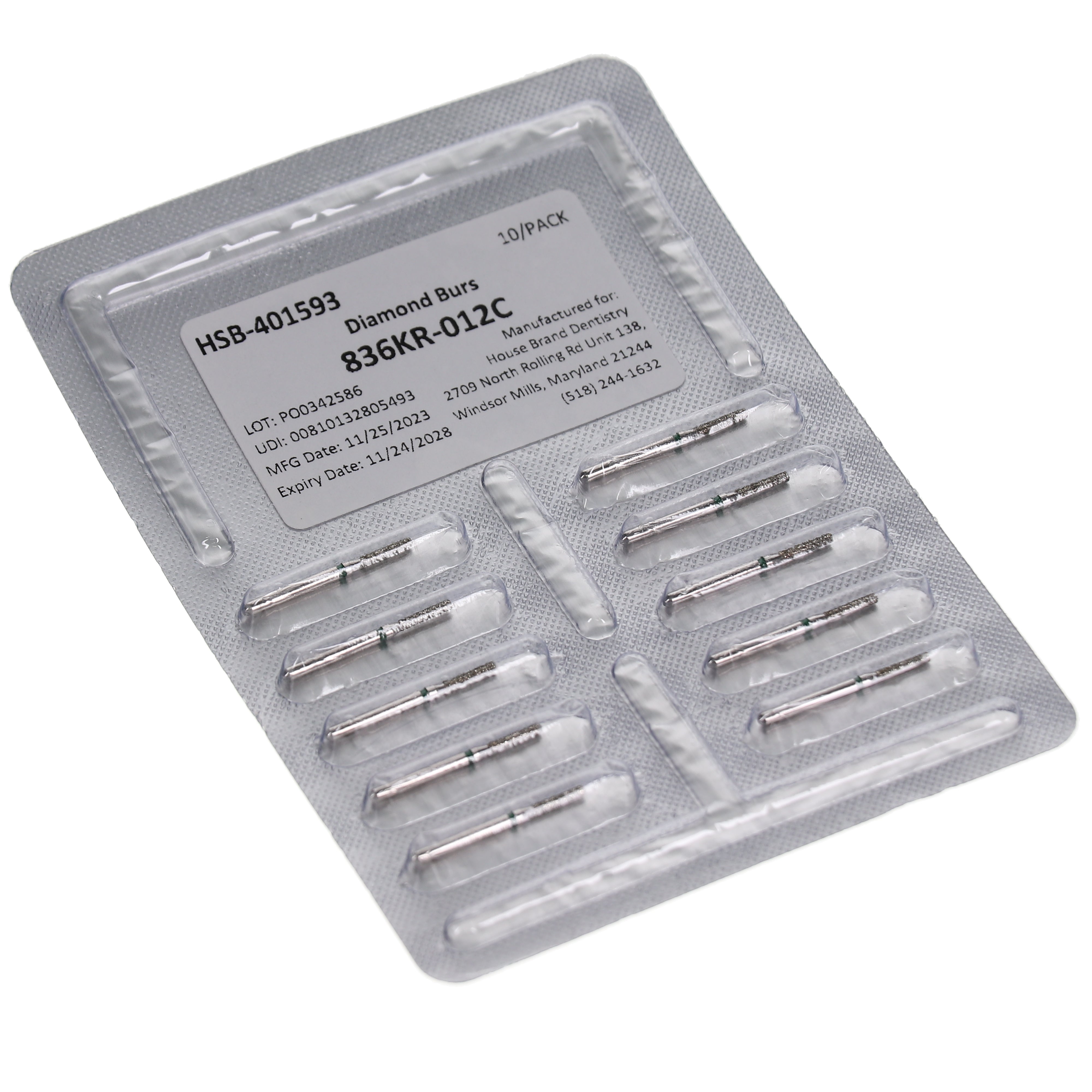 House Brand Dentistry 401593 HSB FG 836KR-012C Flat End Cylinder Coarse Grit Diamond Burs 10/Pk