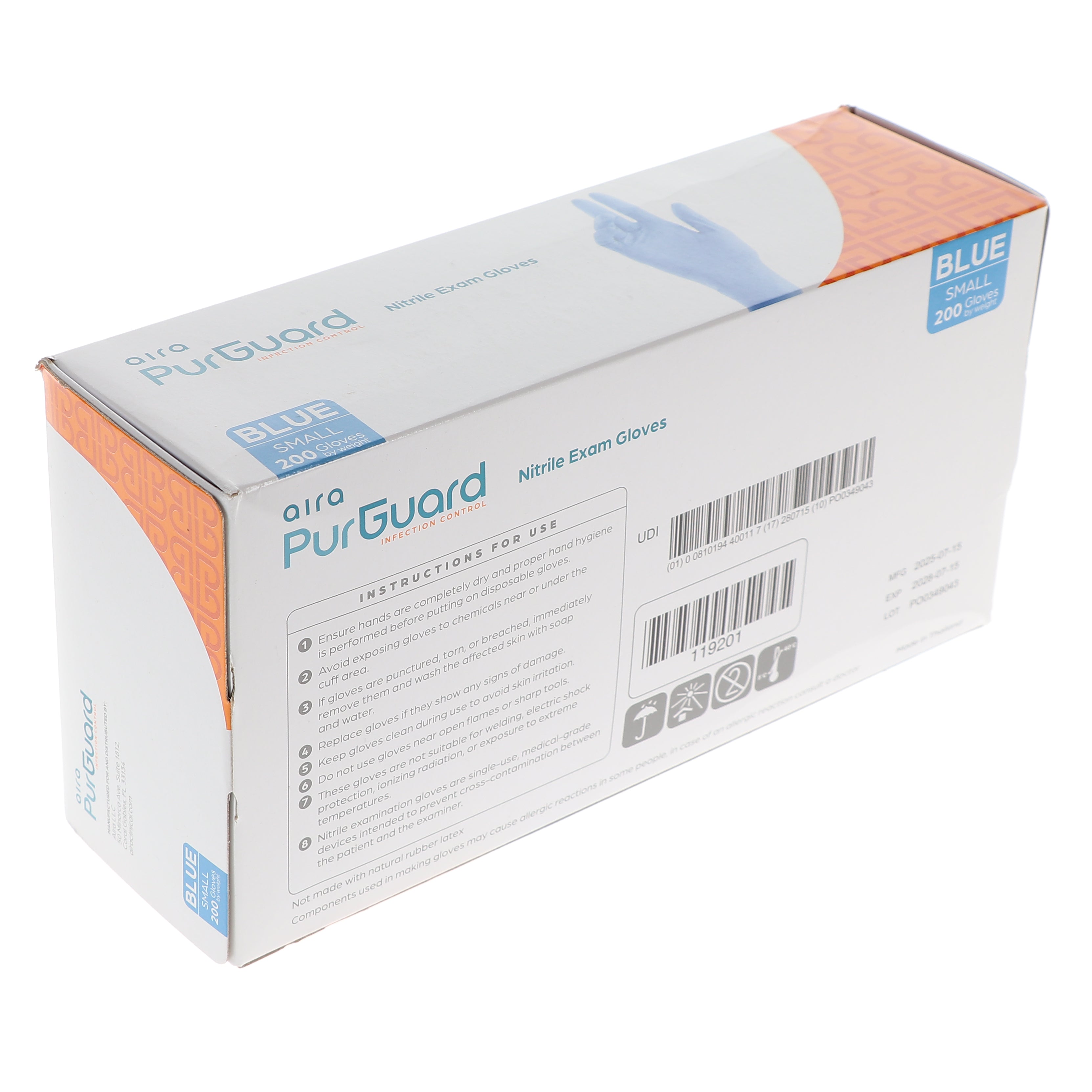 AIRA 119201 PurGuard Nitrile Exam Gloves Latex Free Powder Free Blue Small 200/Bx