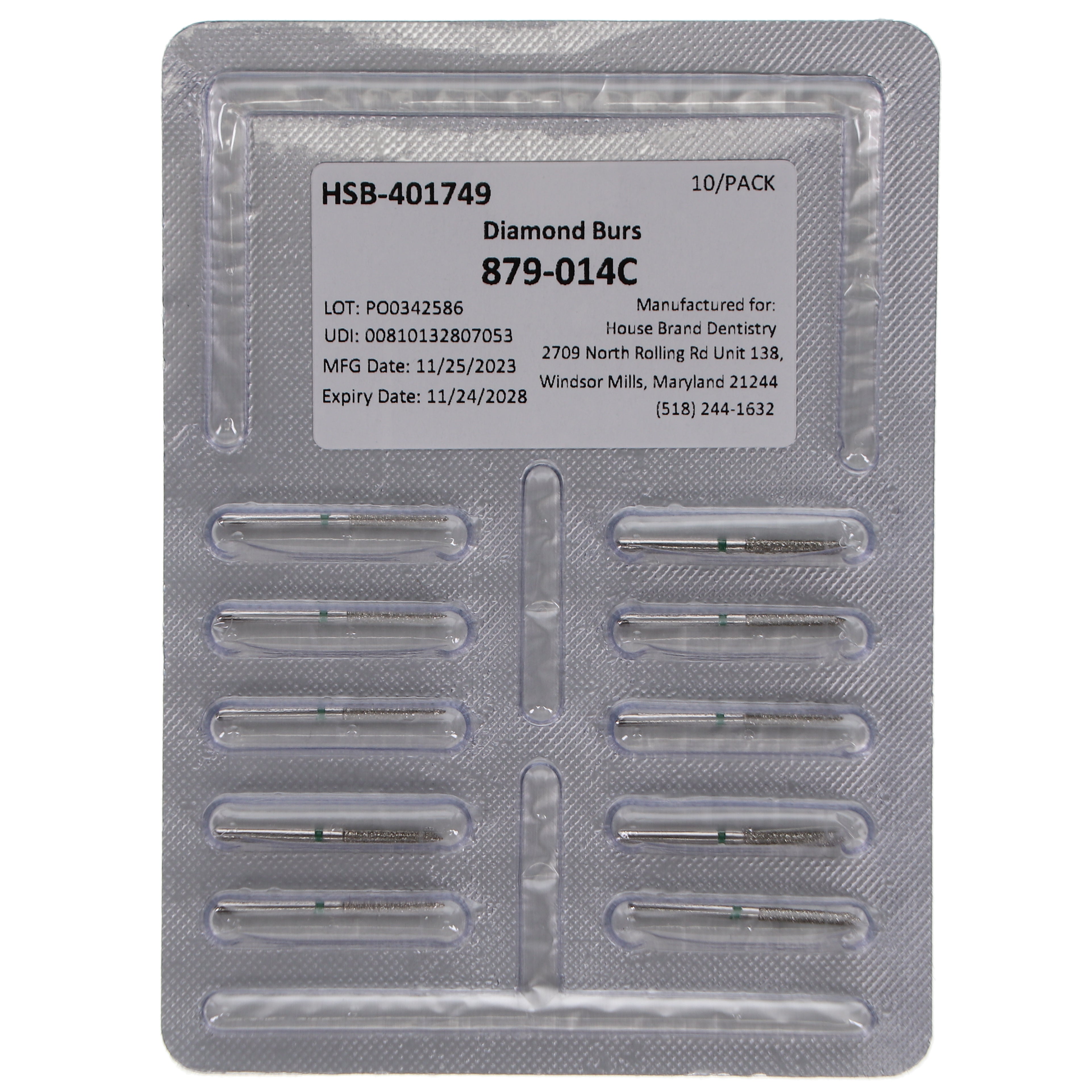 House Brand Dentistry 401749 HSB FG 879-014C Beveled Cylinder Coarse Grit Diamond Burs 10/Pk