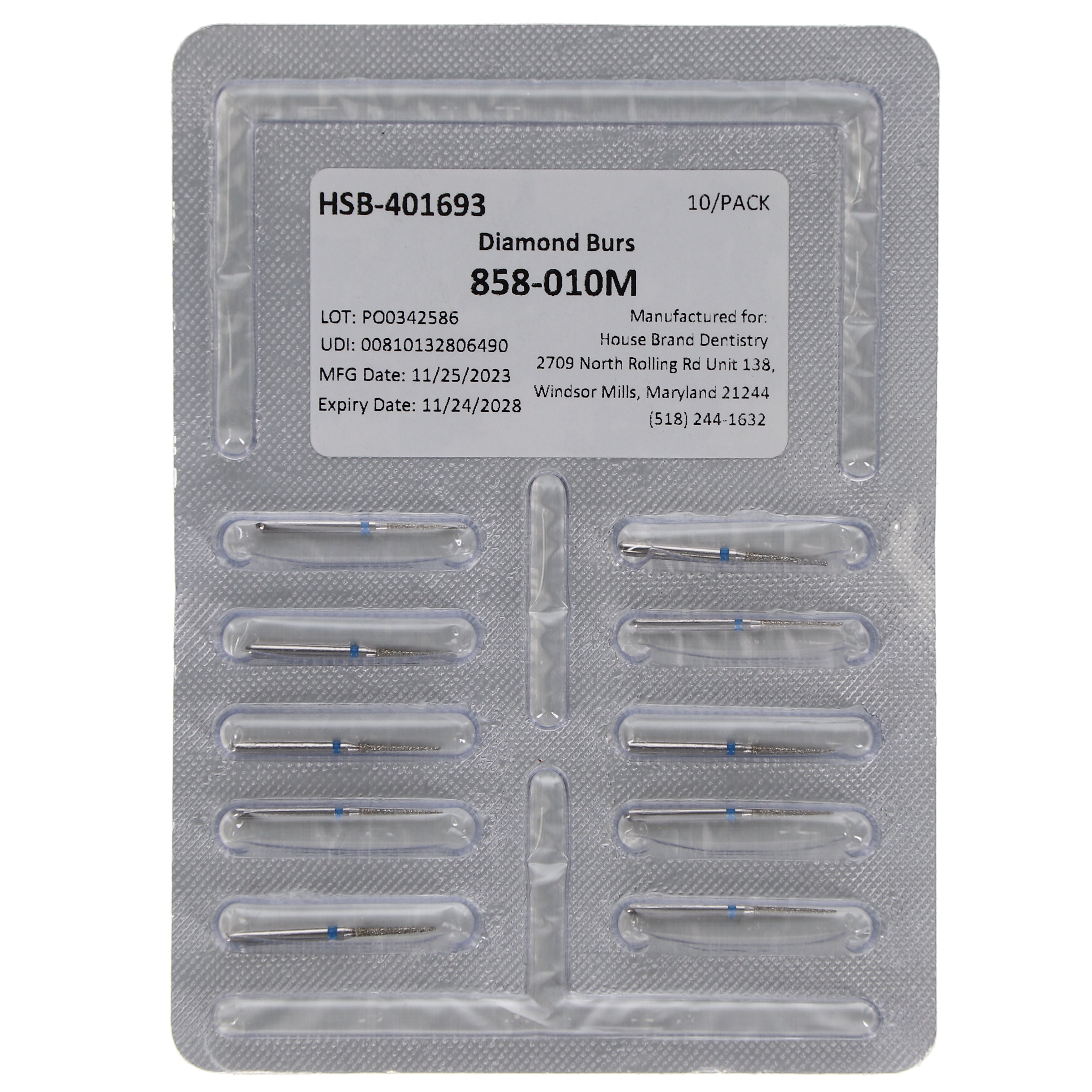 House Brand Dentistry 401693 HSB FG 858-010M Needle Medium Grit Diamond Burs 10/Pk