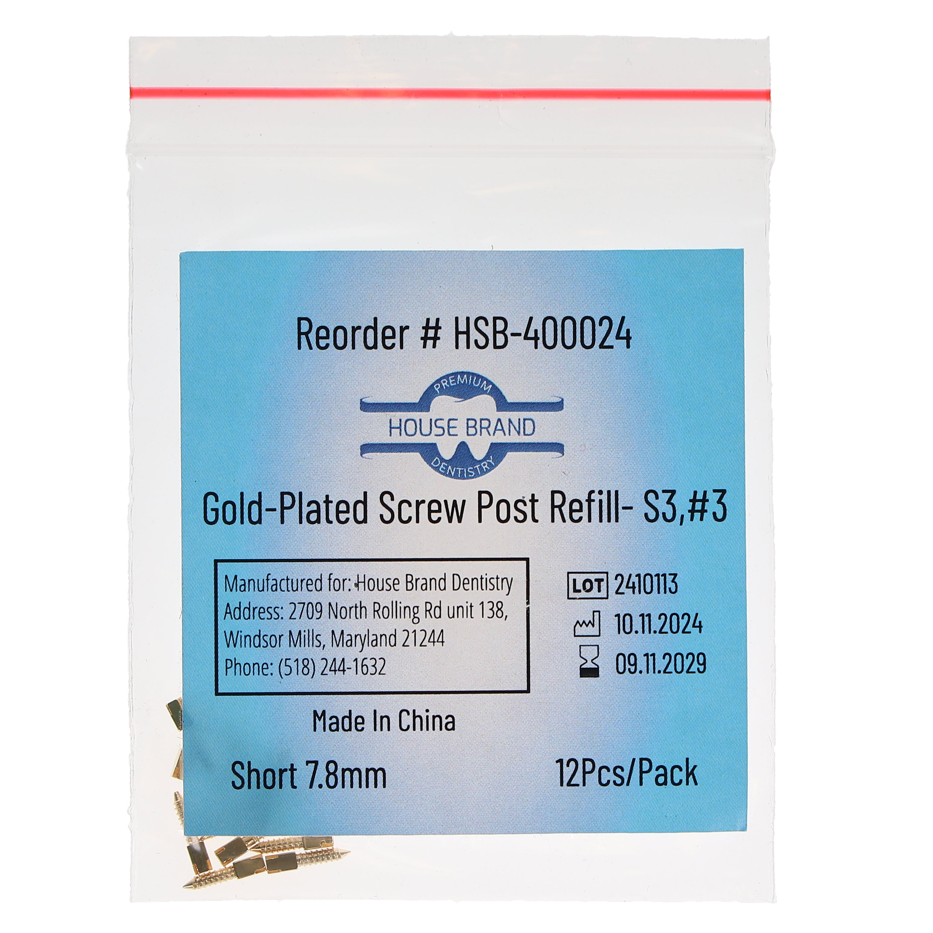 House Brand Dentistry 400024 HSB Gold Plated Screw Posts S3 #3 Short 7.8mm 12/Pk