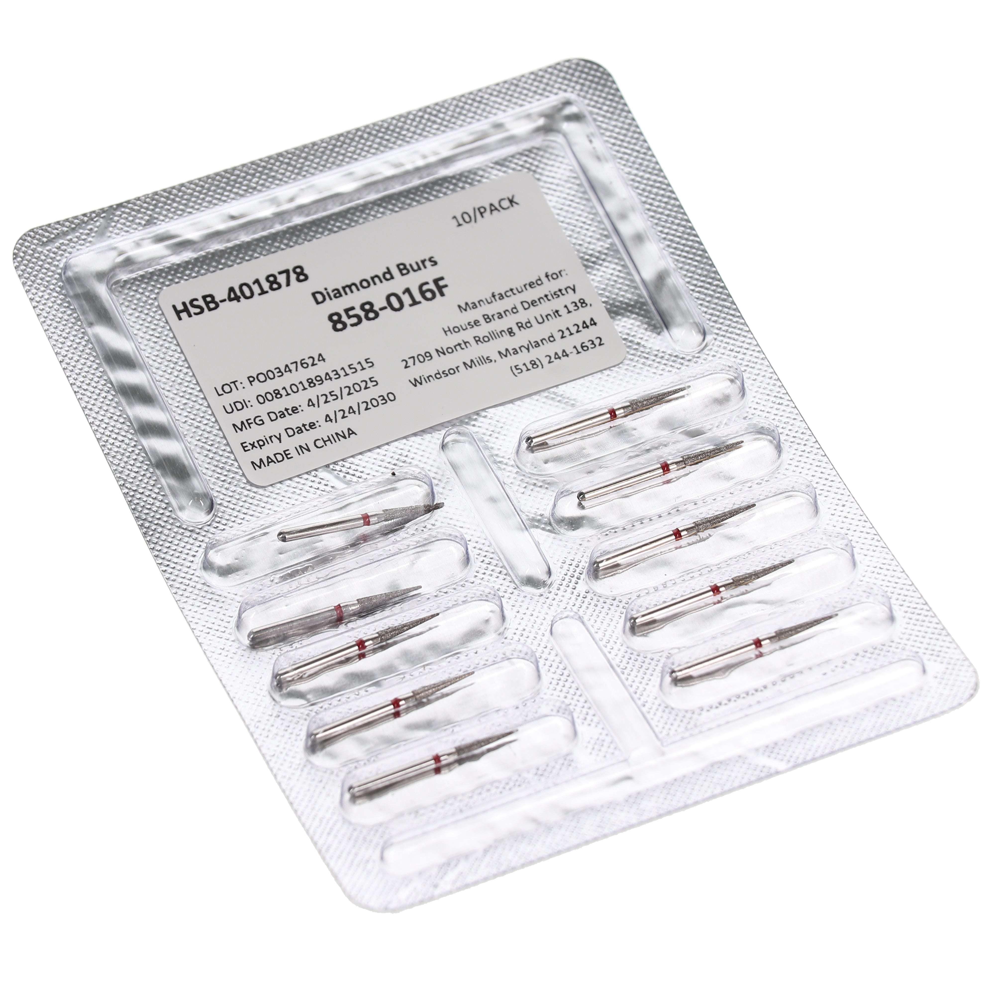 House Brand Dentistry 401878 HSB FG 858-016F Needle Fine Grit Diamond Burs 10/Pk