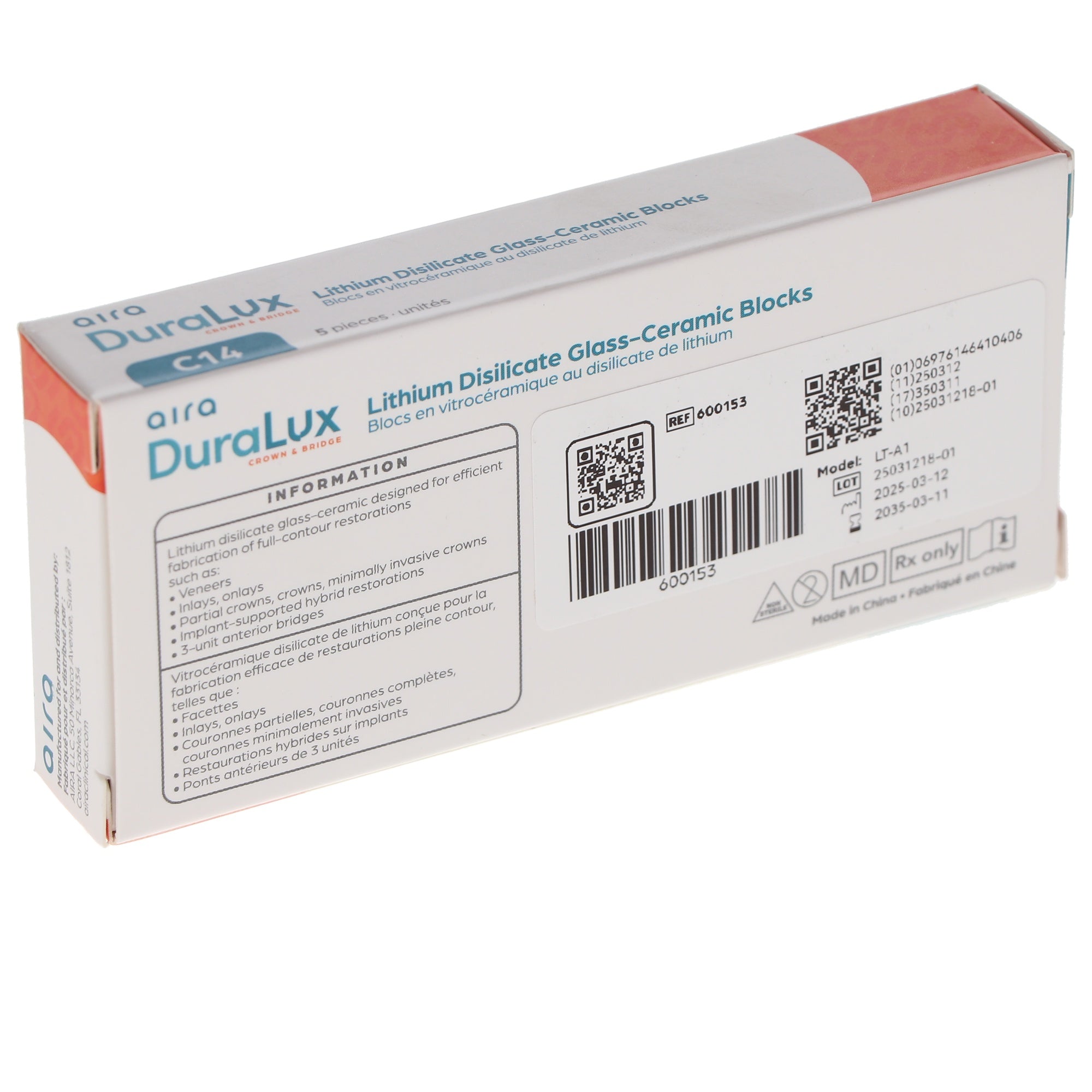 Aira 600153 DuraLux IPS e.max Type Blocks CAD LT C14 A1 5/Pk