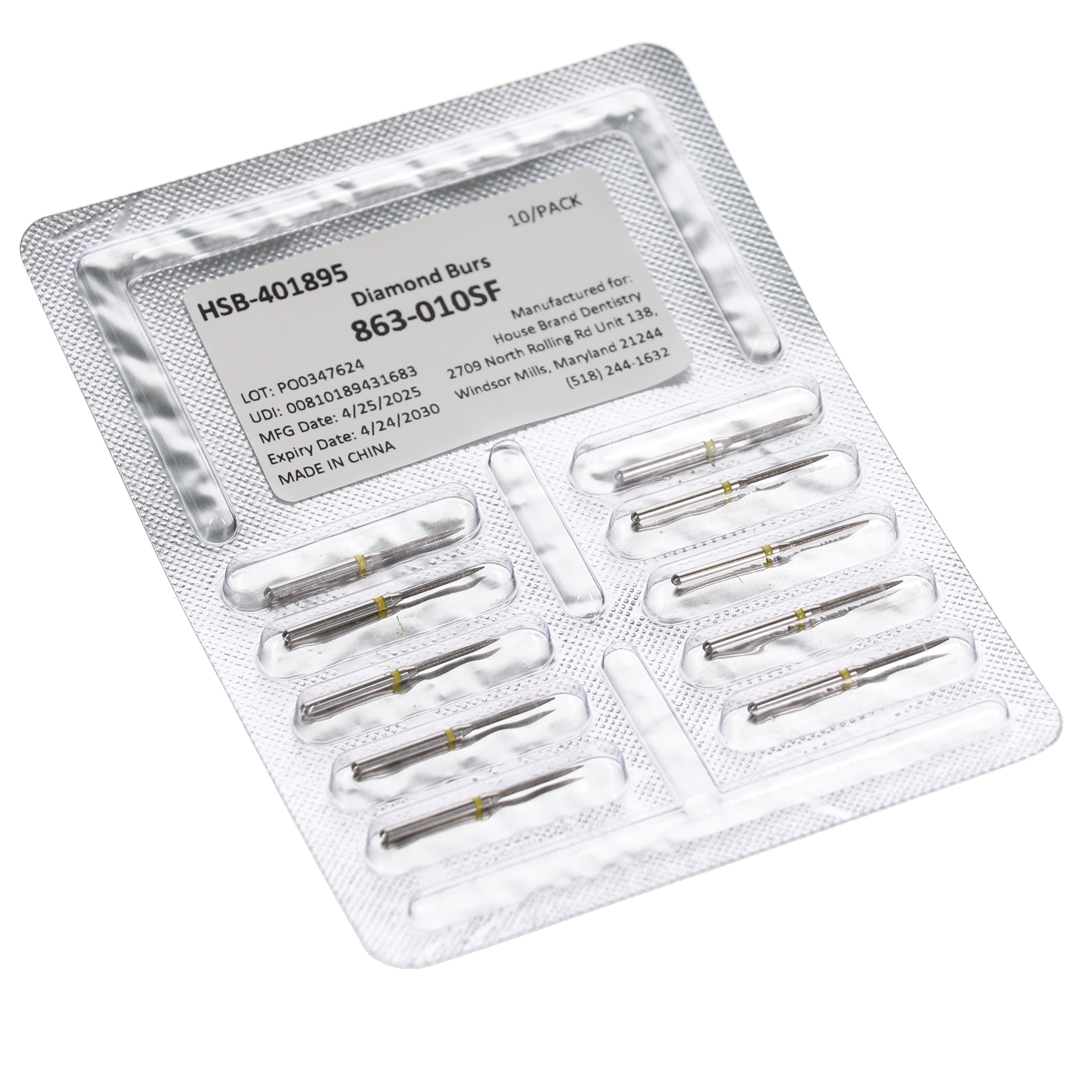 House Brand Dentistry 401895 HSB FG 863-010SF Flame Super Fine Grit Diamond Burs 10/Pk