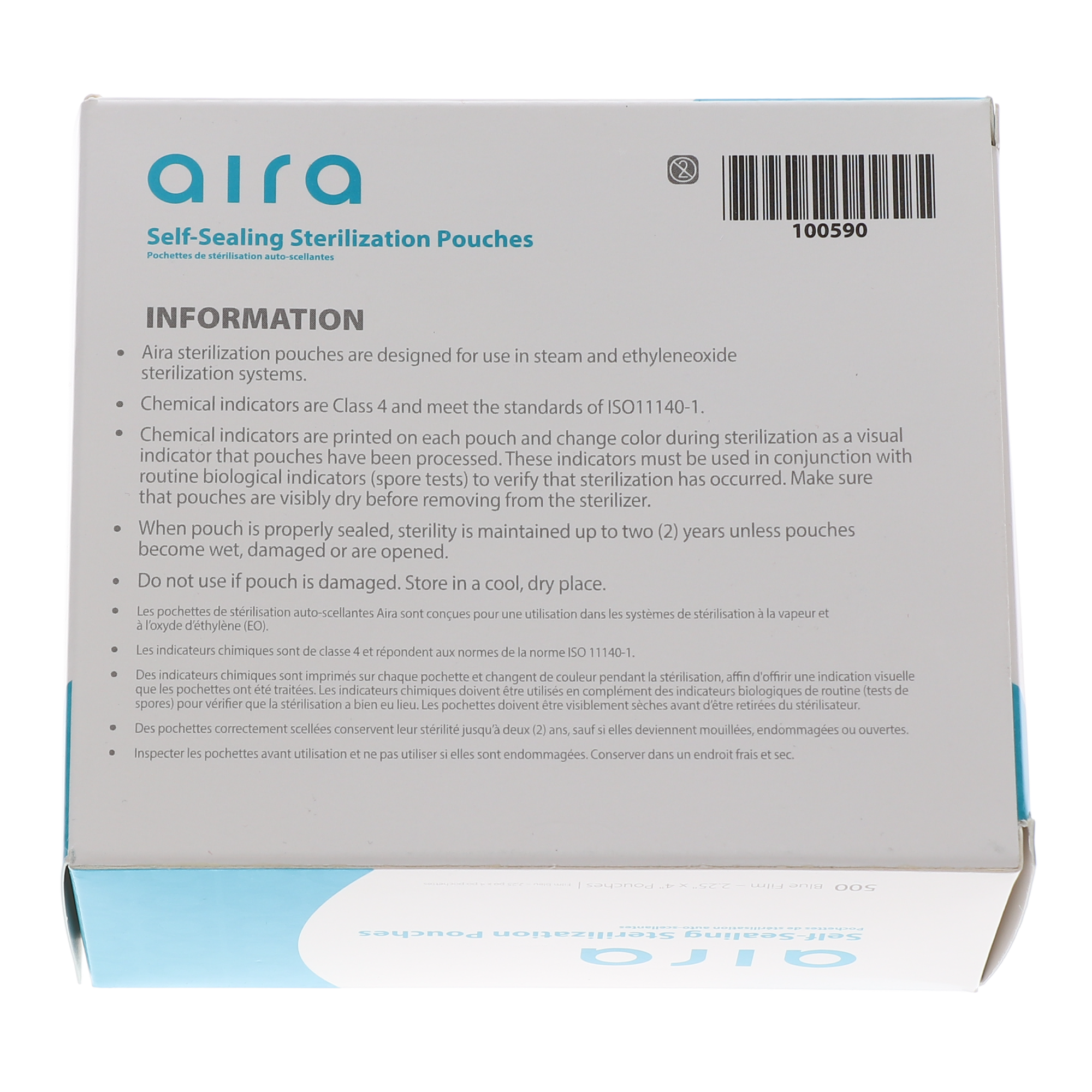 Aira 100590 Sterilization Pouch, Class 4, Self-Sealing, Blue Film, 2.25