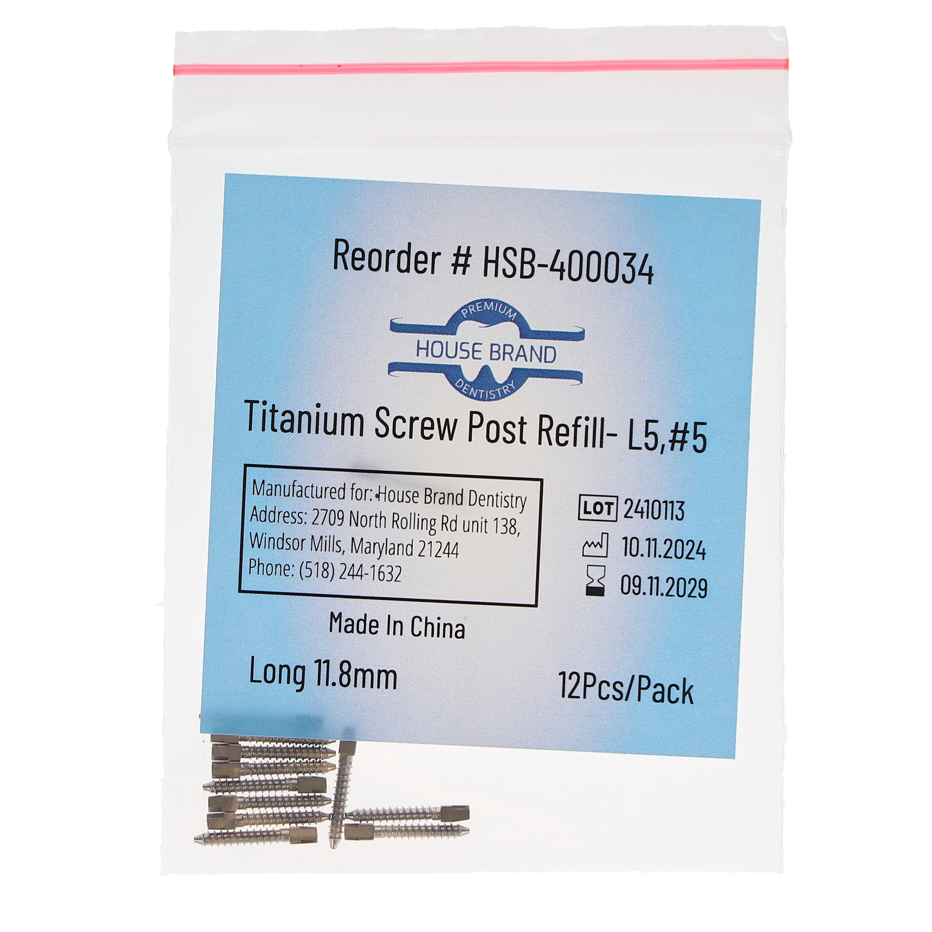 House Brand Dentistry 400034 HSB Titanium Screw Posts L5 #5 Long 11.8mm 12/Pk