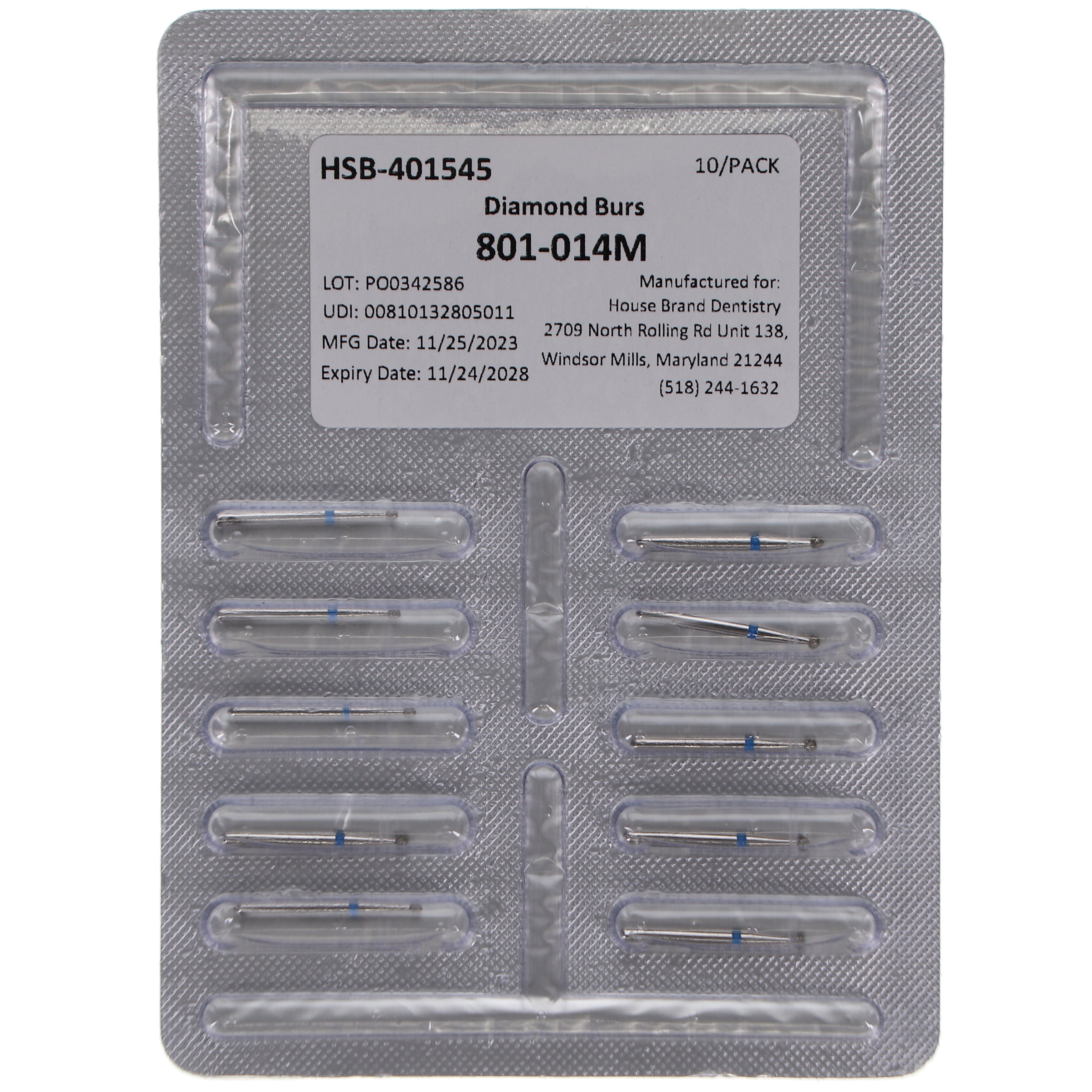 House Brand Dentistry 401545 FG HSB 801-014M Round Medium Grit Diamond Burs 10/Pk