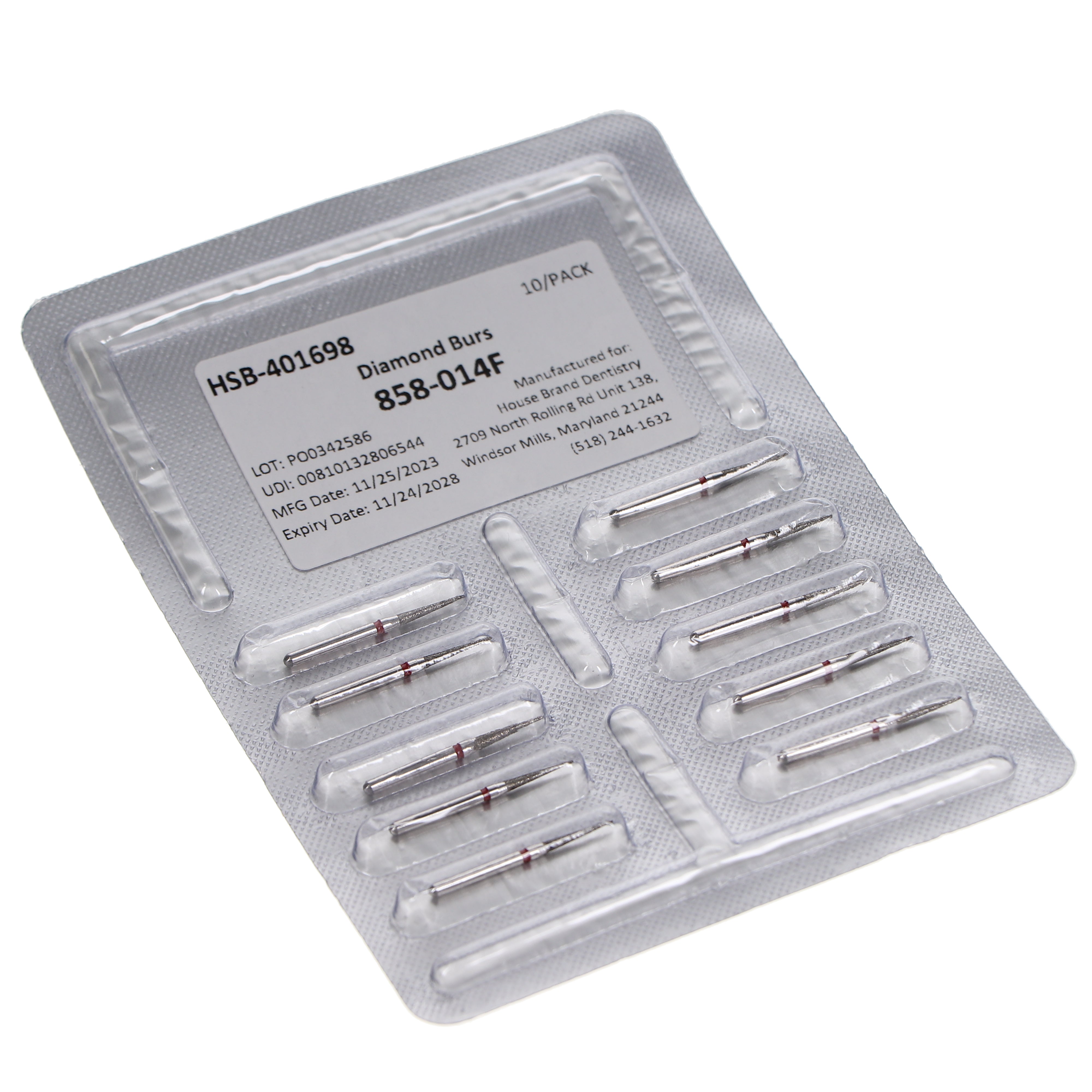 House Brand Dentistry 401698 HSB FG 858-014F Needle Fine Grit Diamond Burs 10/Pk