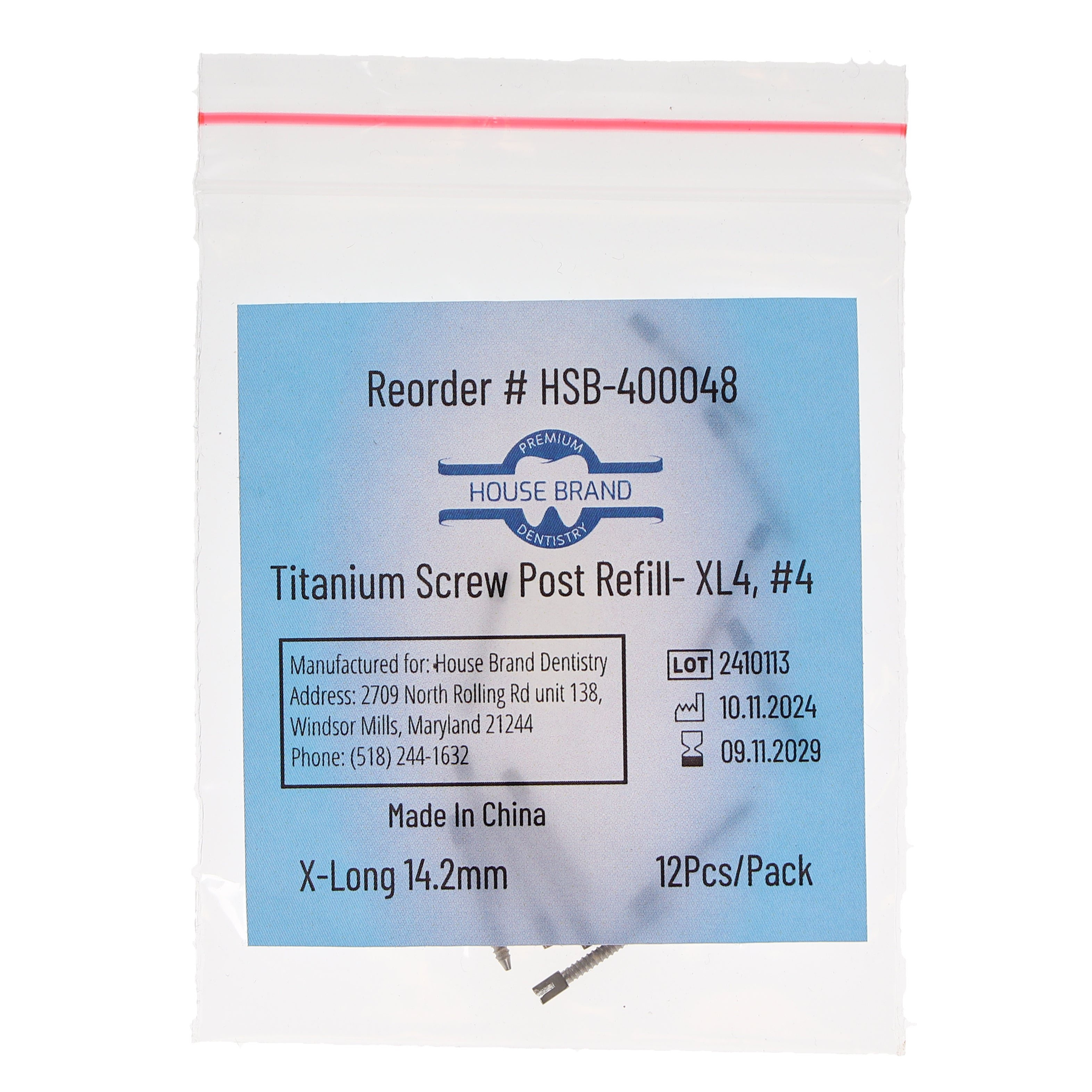 House Brand Dentistry 400048 HSB Titanium Screw Posts XL4 #4 X-Long 14.2mm 12/Pk