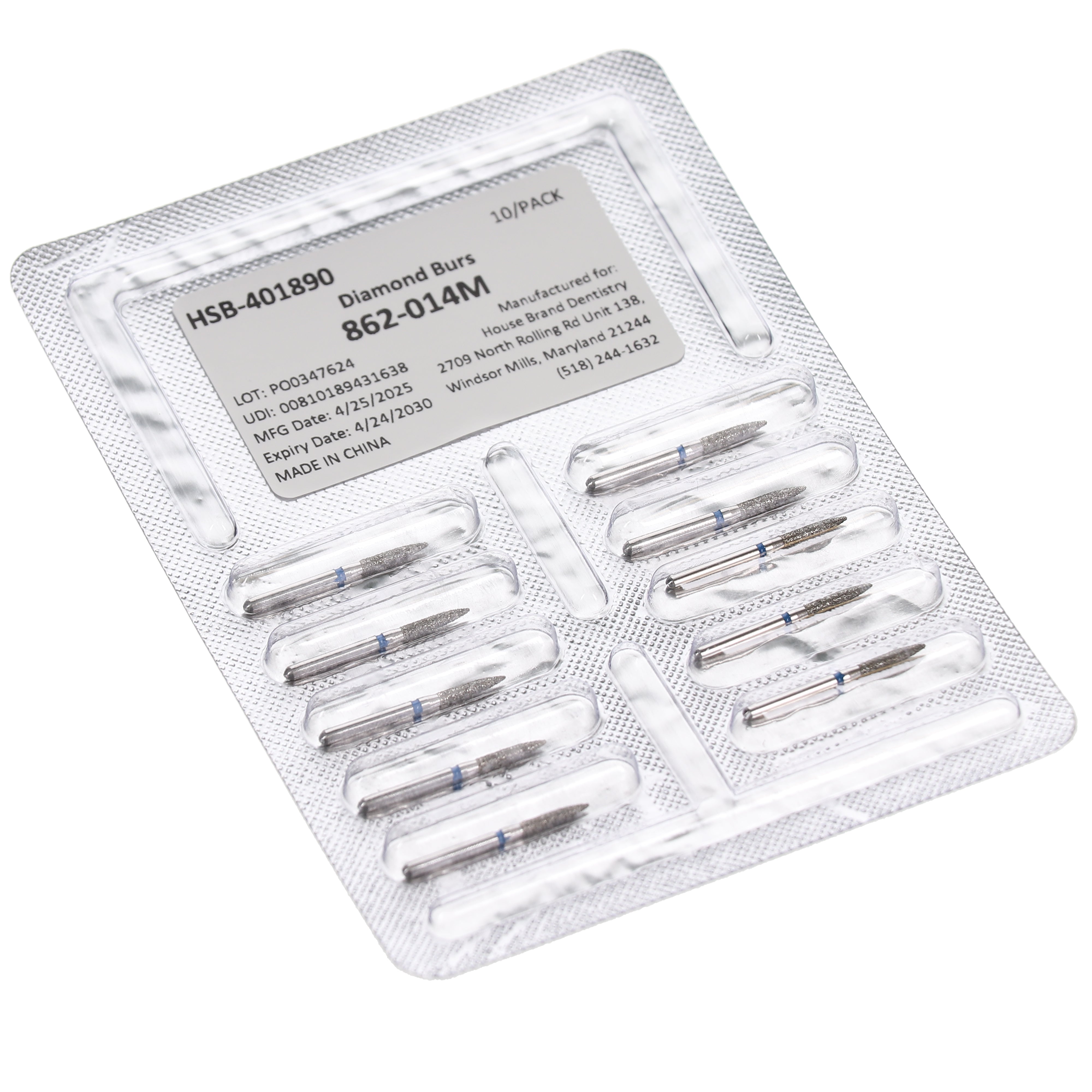 House Brand Dentistry 401890 HSB FG 862-014M Flame Medium Grit Diamond Burs 10/Pk