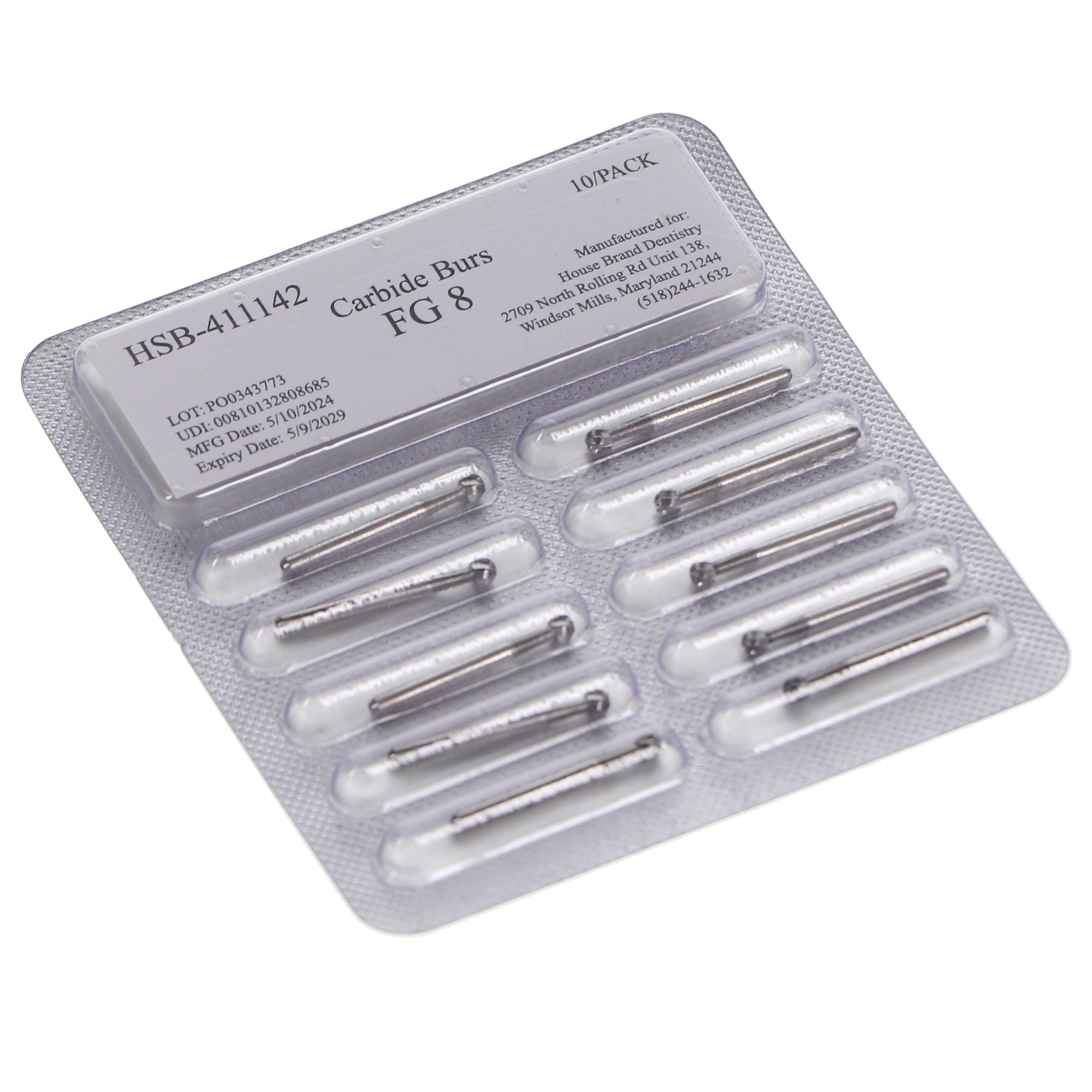 House Brand Dentistry 411142 HSB FG #8 Round Carbide Burs 10/Pk