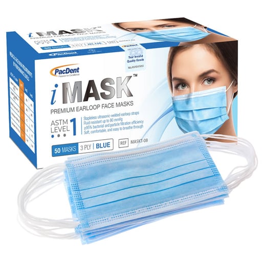 Pac-Dent MASKT-08 iMask Earloop Face Masks ASTM Level 3 Blue 50/Bx