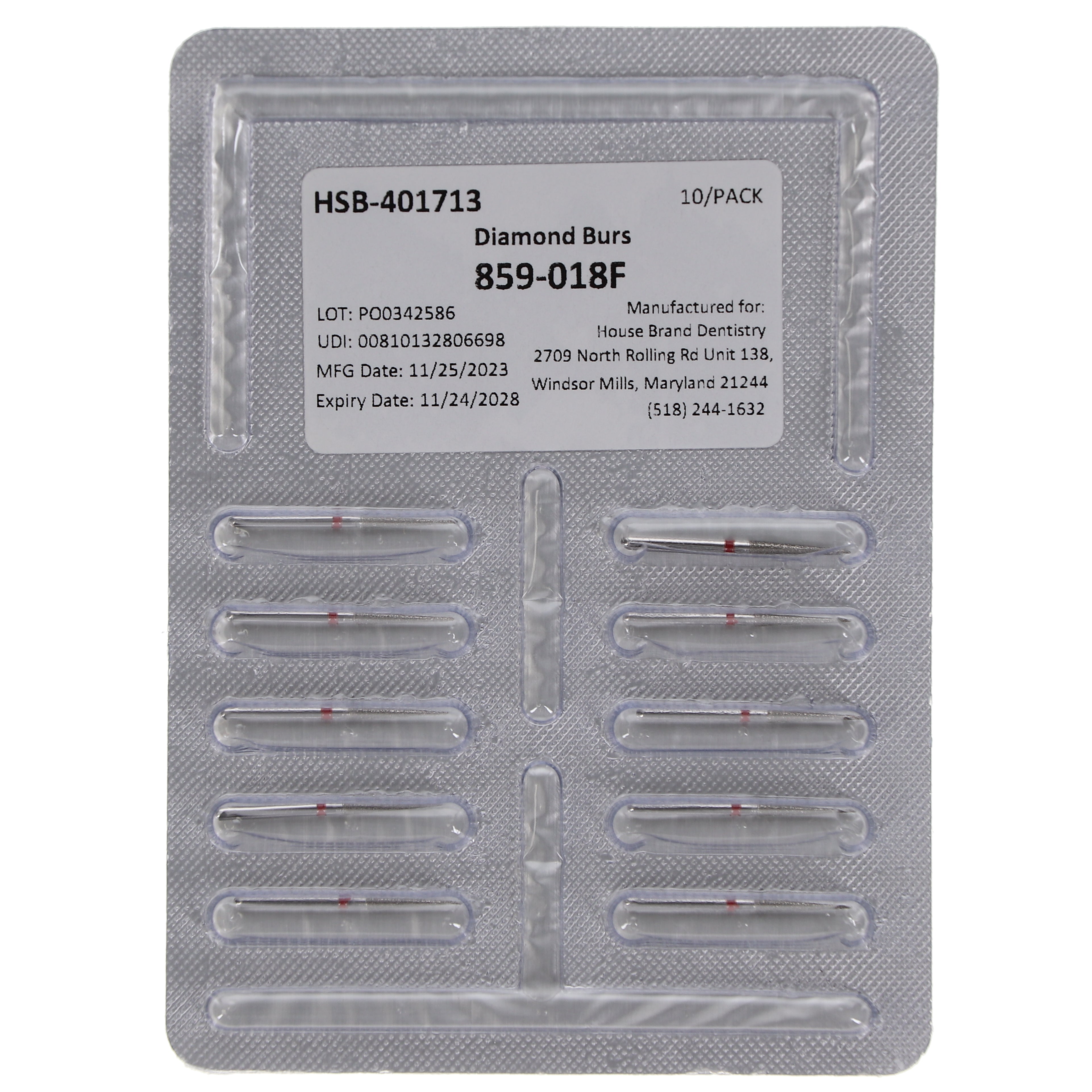 House Brand Dentistry 401713 HSB FG 859-018F Needle Fine Grit Diamond Burs 10/Pk