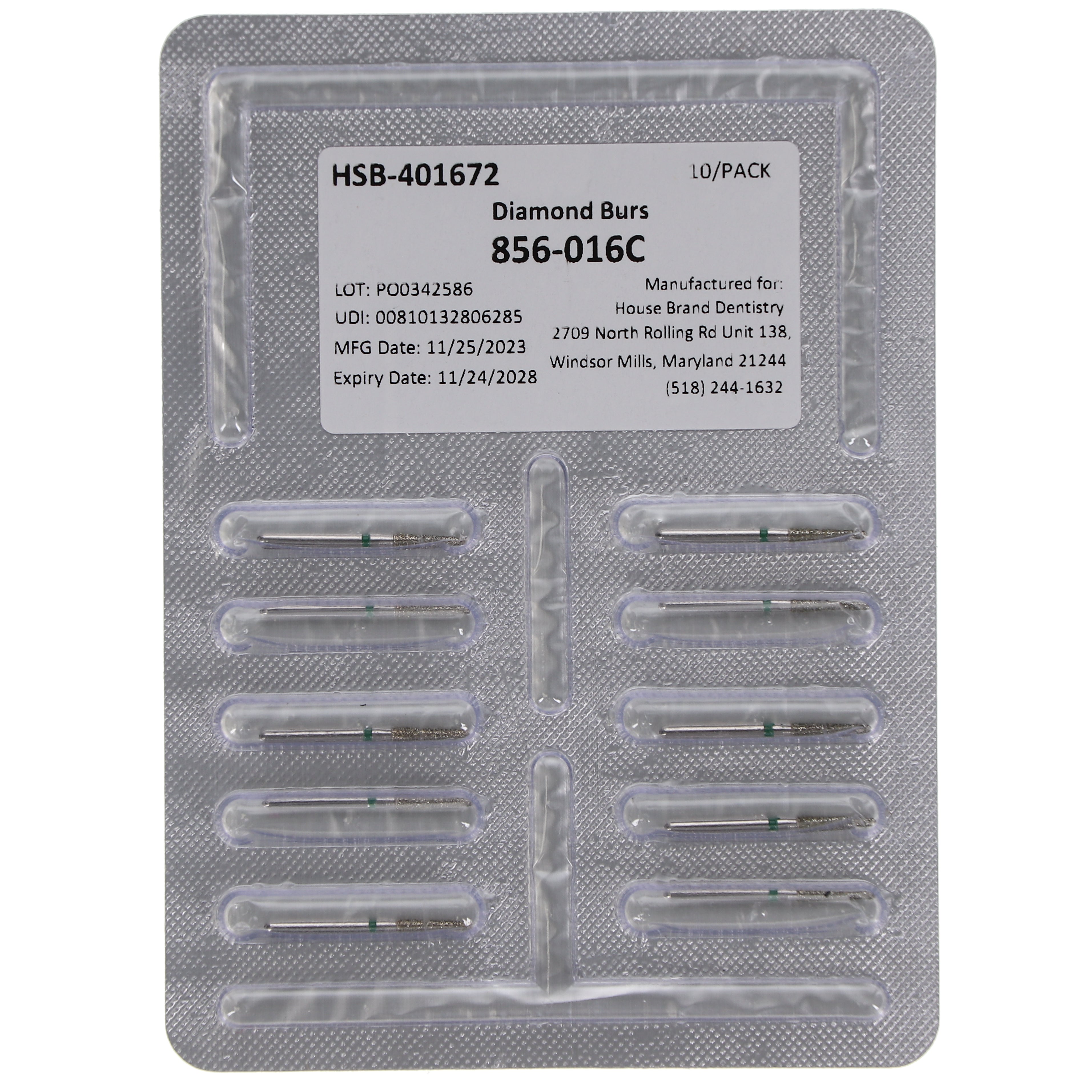 House Brand Dentistry 401672 HSB FG 856-016C Round End Taper Coarse Grit Diamond Burs 10/Pk