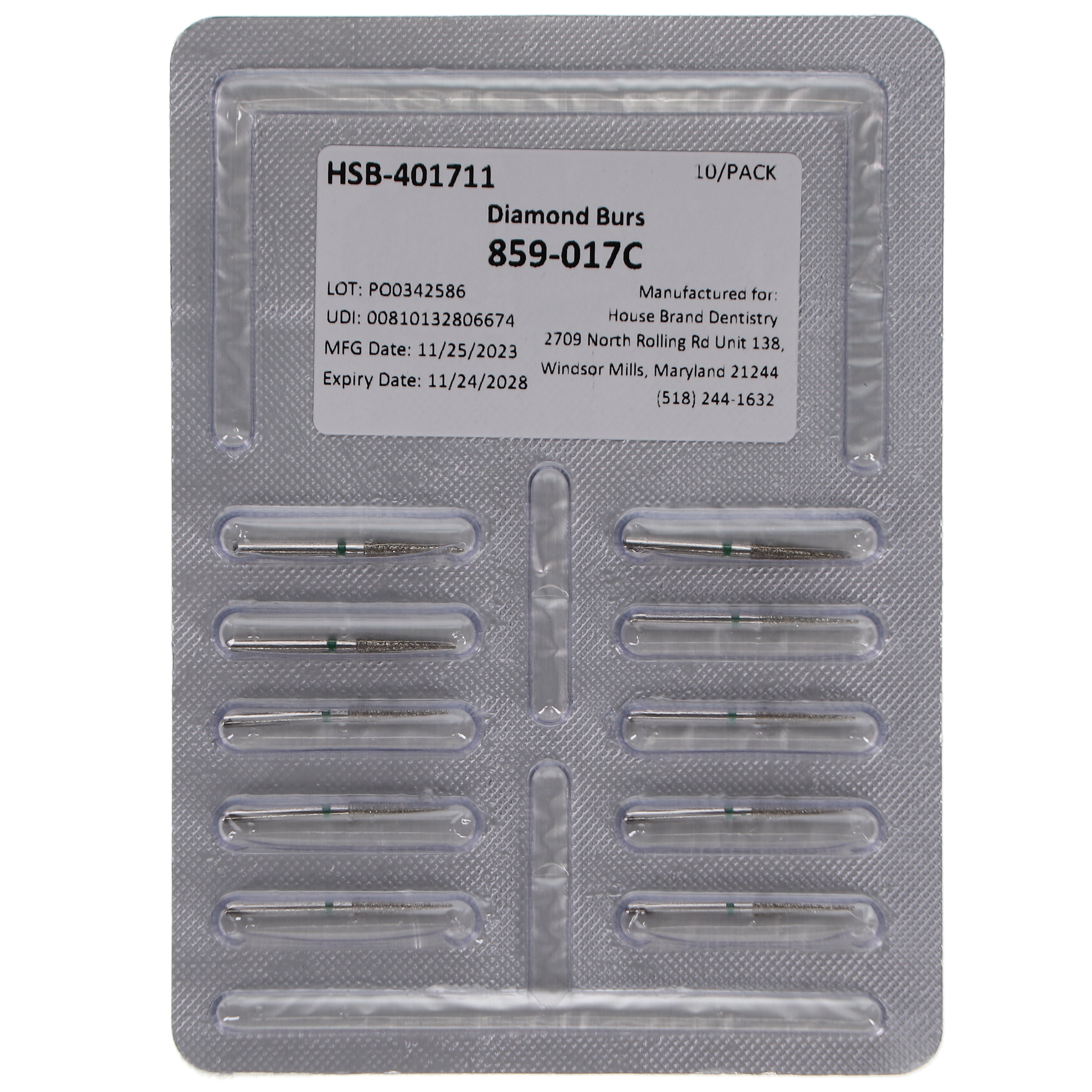 House Brand Dentistry 401711 HSB FG 859-017C Needle Coarse Grit Diamond Burs 10/Pk