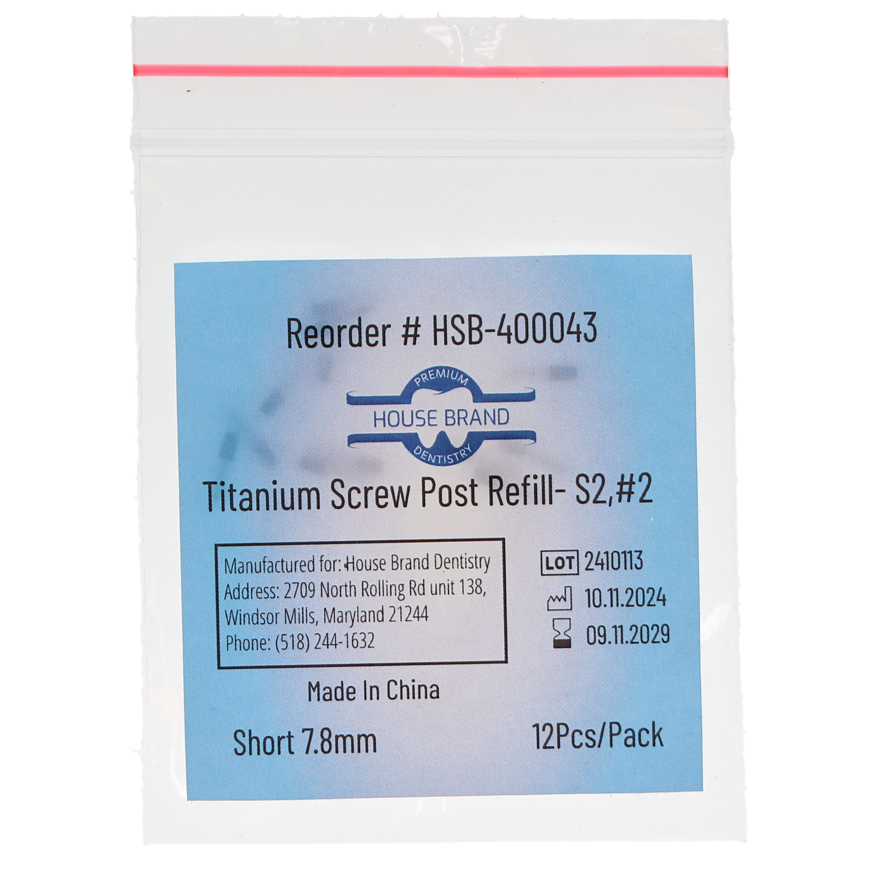 House Brand Dentistry 400043 HSB Titanium Screw Posts S2 #2 Short 7.8mm 12/Pk