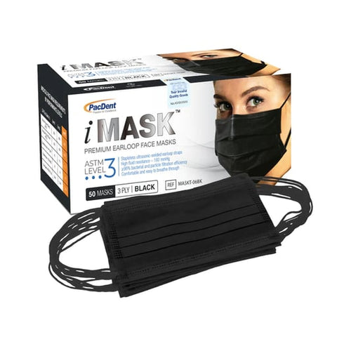 Pac-Dent MASKT-06BK iMask Premium Ear-Loop Masks ASTM Level 3 Black 50/Box