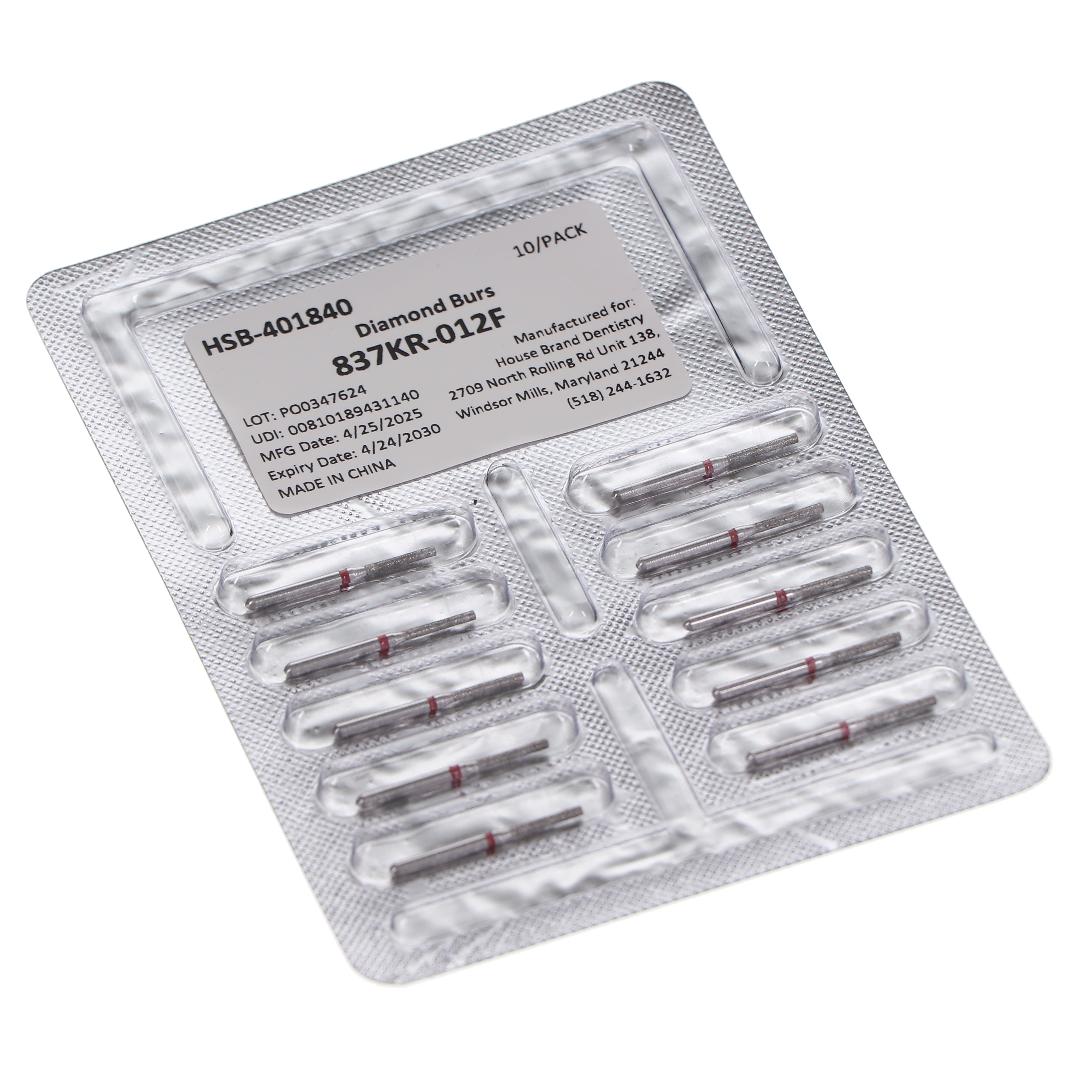House Brand Dentistry 401840 HSB FG 837KR-012F Modified Cylinder Fine Grit Diamond Burs 10/Pk