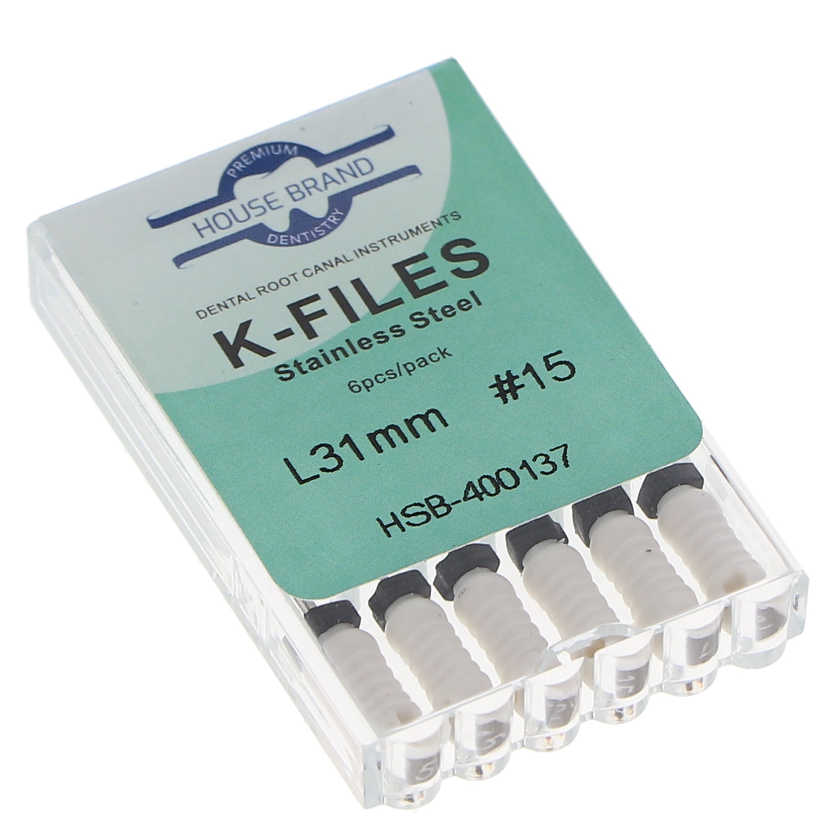 House Brand Dentistry 400137 HSB Endodontic K-Files 31mm #15 White Stainless Steel 6/Pk