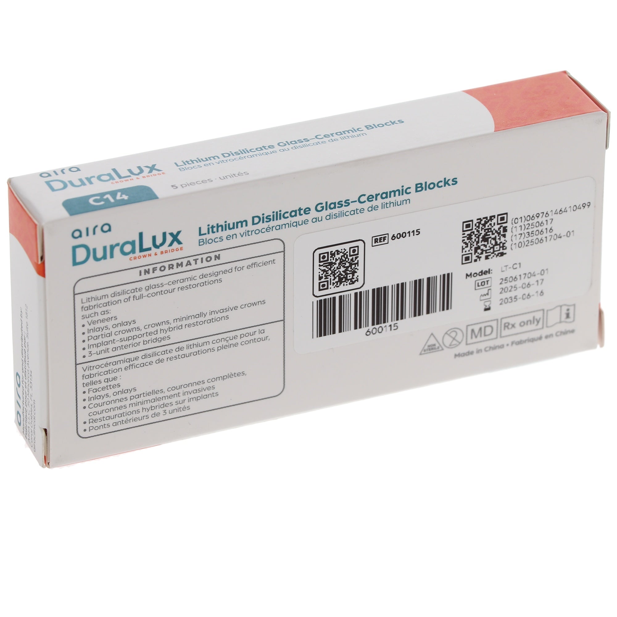 Aira 600115 DuraLux IPS e.max Type Blocks CAD inLab LT C1 C14 5/Pk